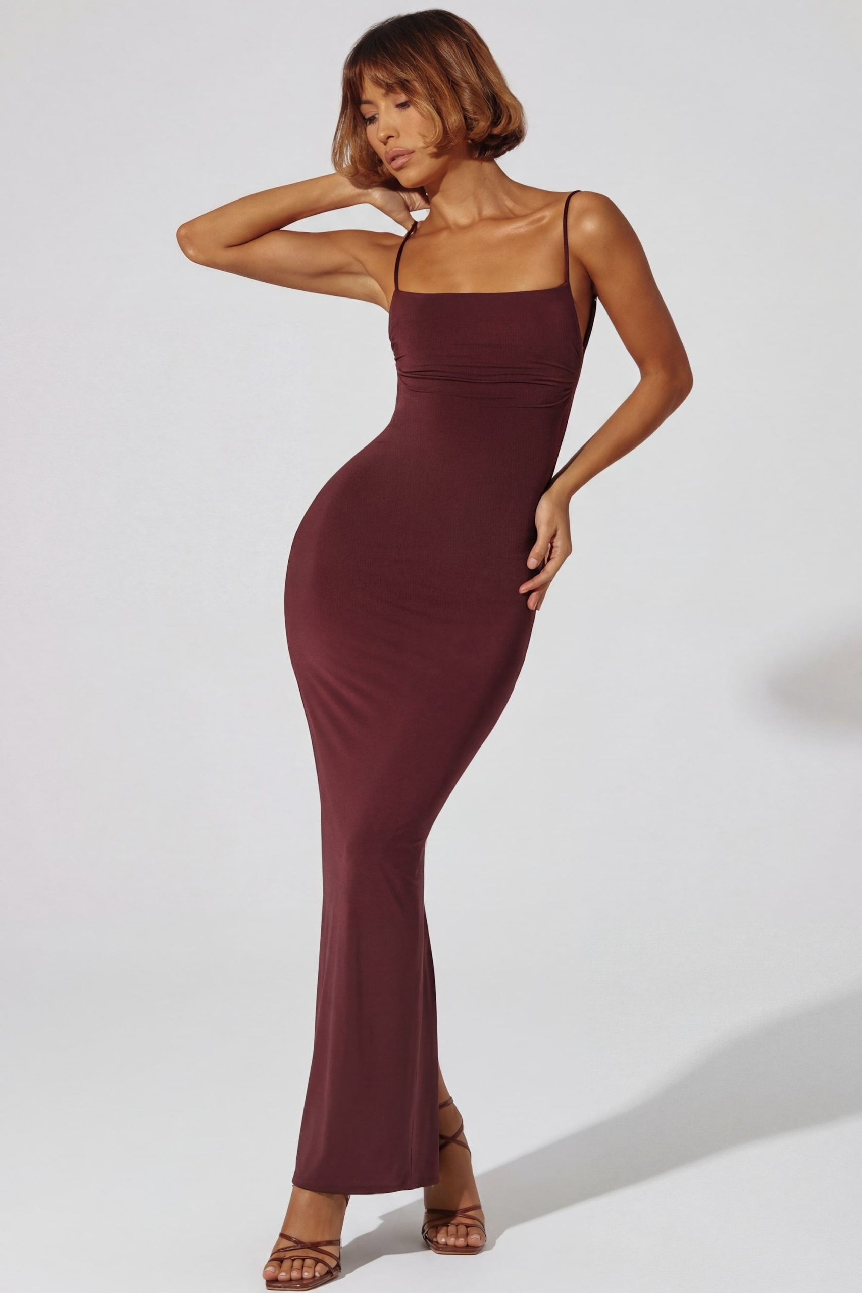 Ruched Bodycon Maxi Dress in Brown - Image 5