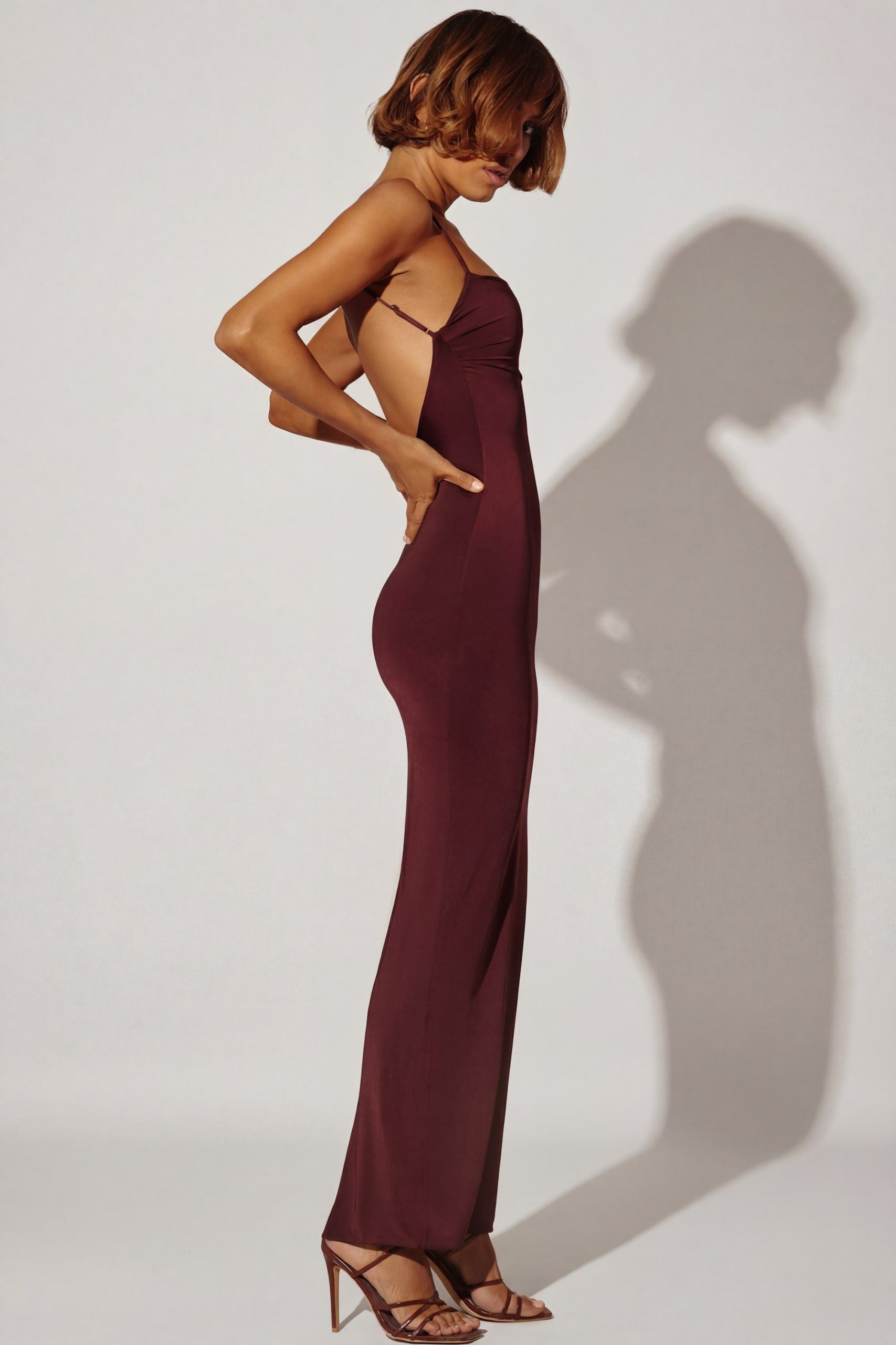 Ruched Bodycon Maxi Dress in Brown - Image 4