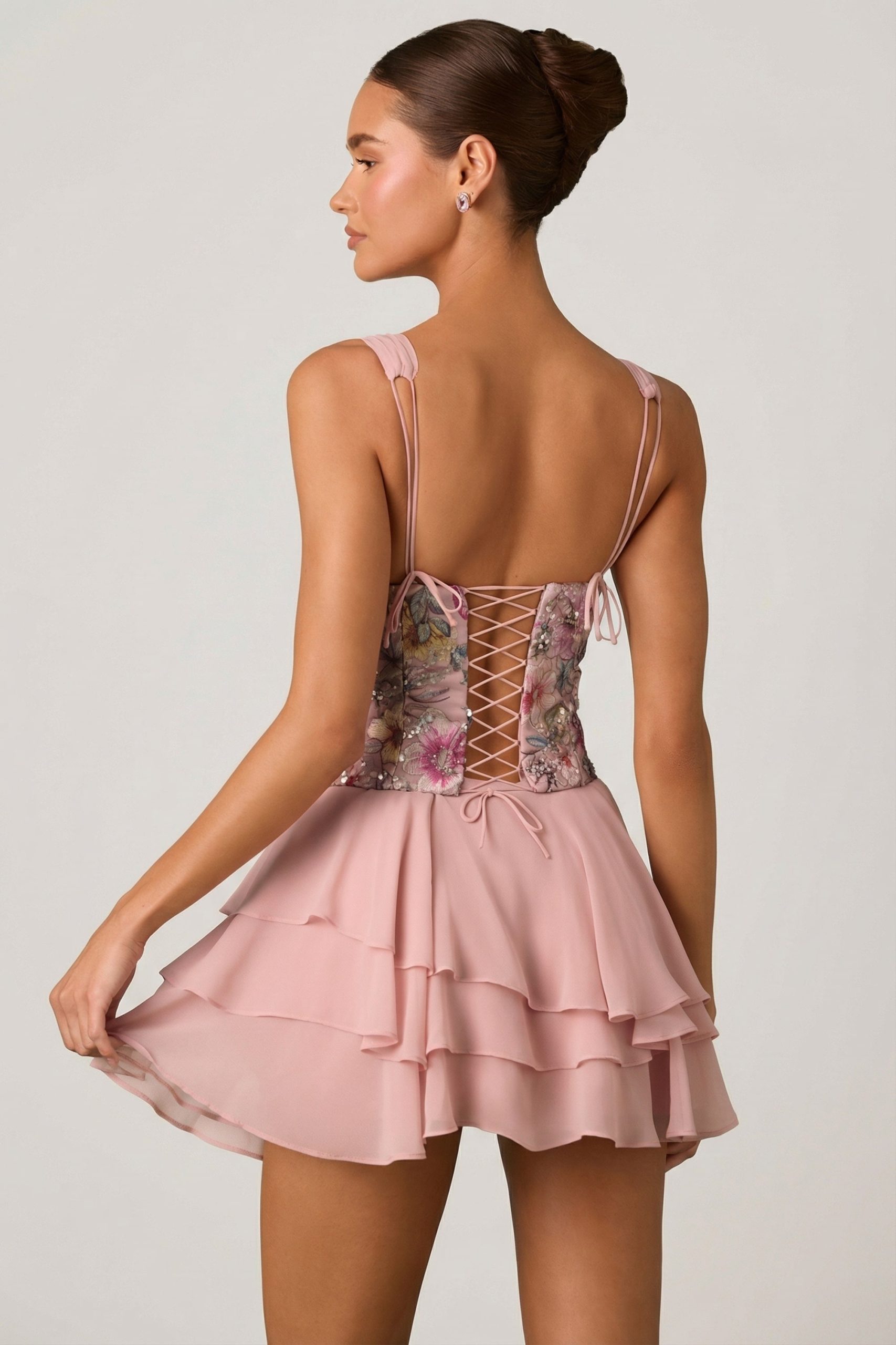 Embellished Ruffled Corset Mini Dress in Floral Pink - Image 2