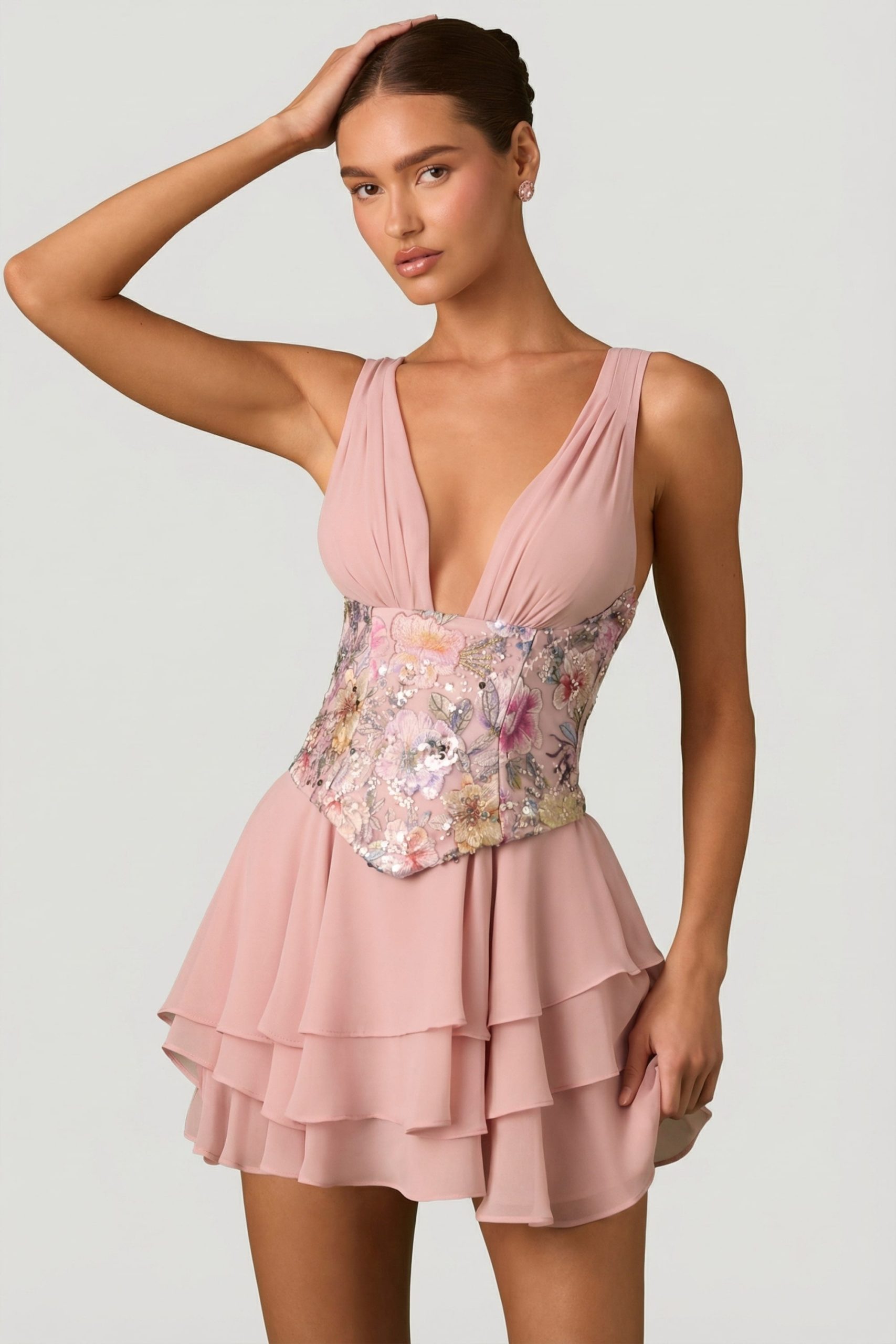 Embellished Ruffled Corset Mini Dress in Floral Pink - Image 6