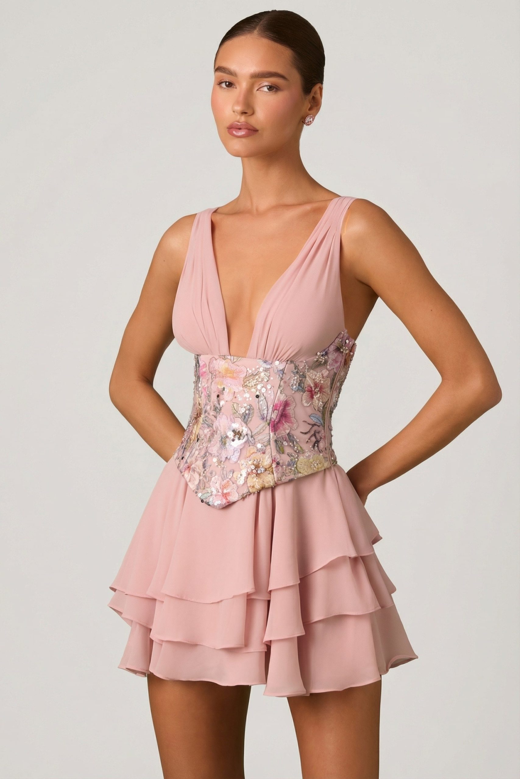 Embellished Ruffled Corset Mini Dress in Floral Pink - Image 7