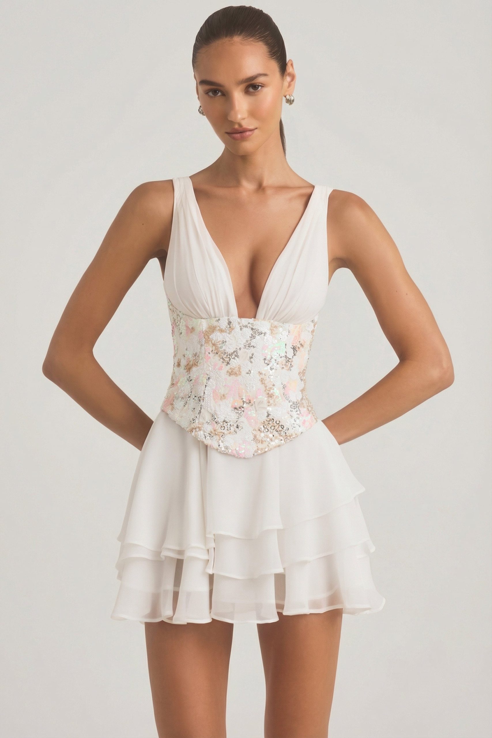Embellished Ruffled Corset Mini Dress in Ivory - Image 8