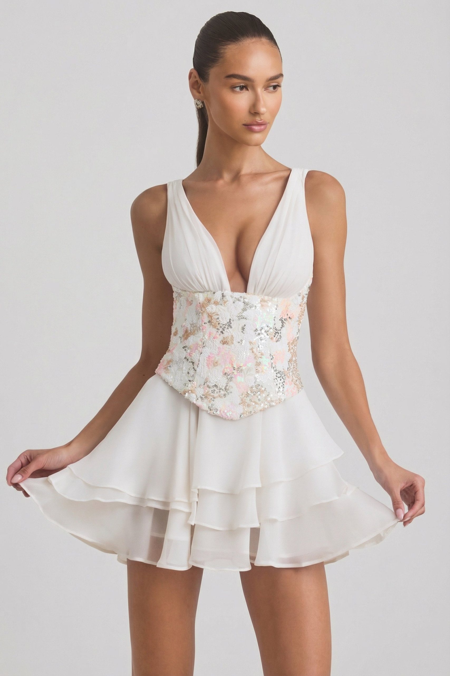 Embellished Ruffled Corset Mini Dress in Ivory - Image 7