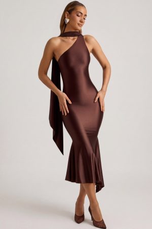 Asymmetric Scarf-Detail Midaxi Dress in Chocolate Brown