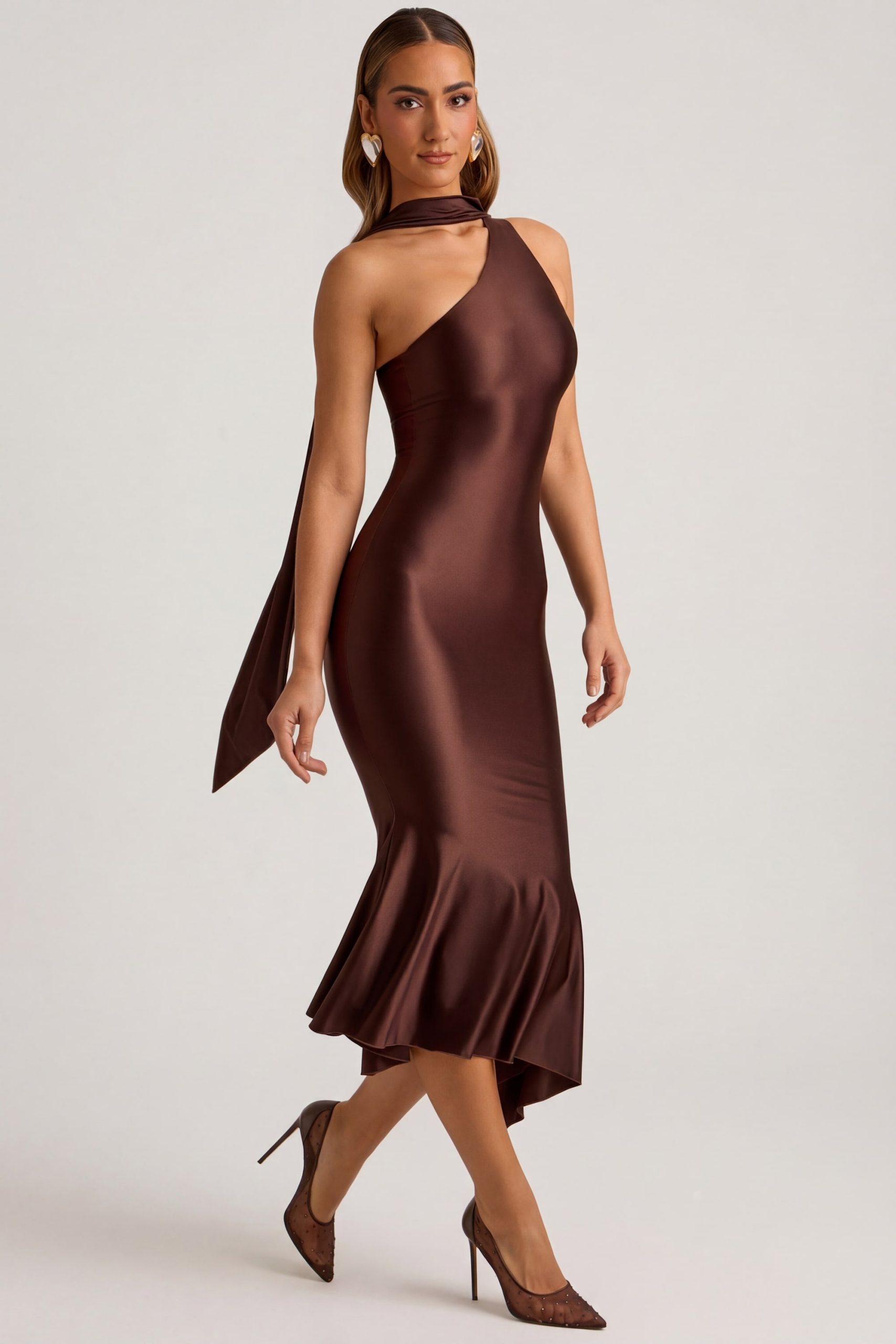 Asymmetric Scarf-Detail Midaxi Dress in Chocolate Brown - Image 8