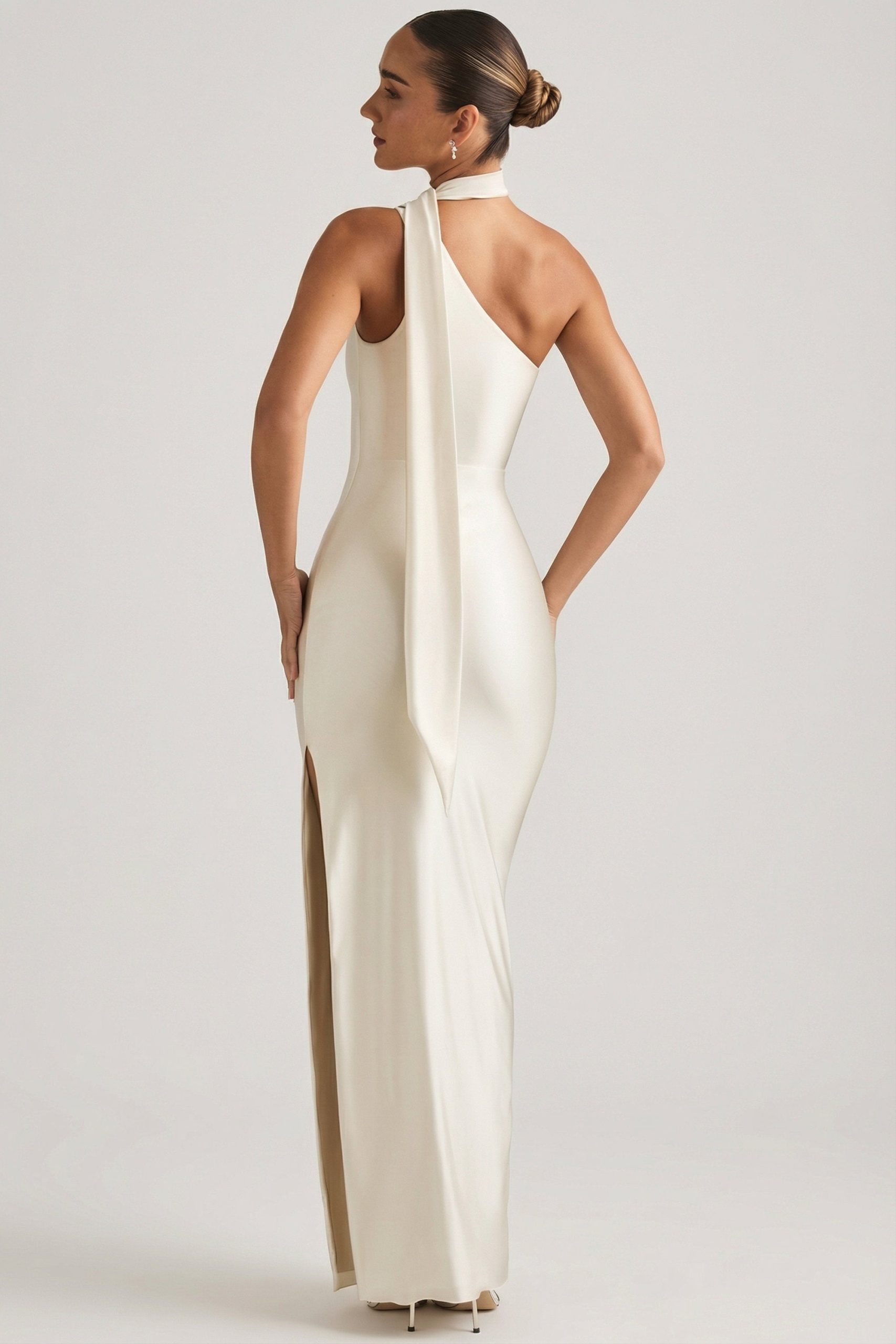Asymmetric Scarf-Detail Maxi Dress in Ivory - Image 2