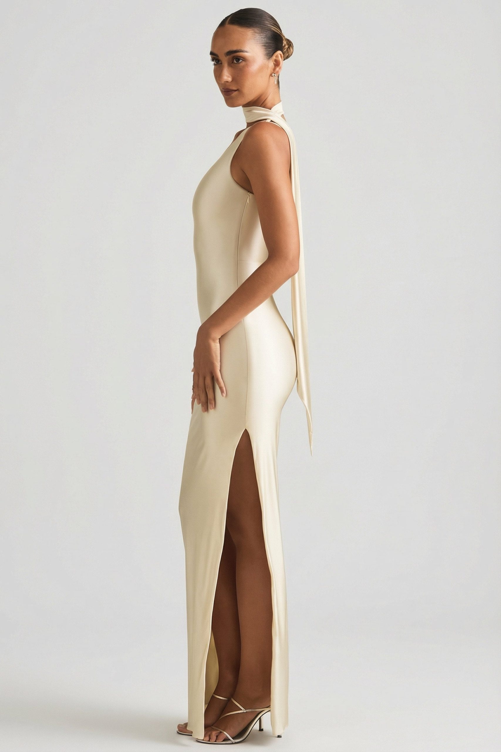 Asymmetric Scarf-Detail Maxi Dress in Ivory - Image 6