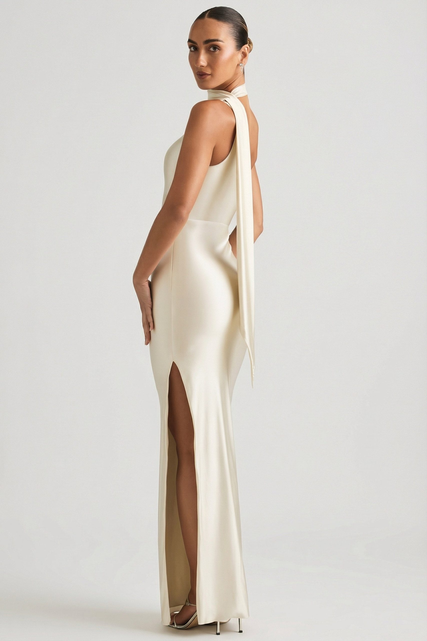 Asymmetric Scarf-Detail Maxi Dress in Ivory - Image 4