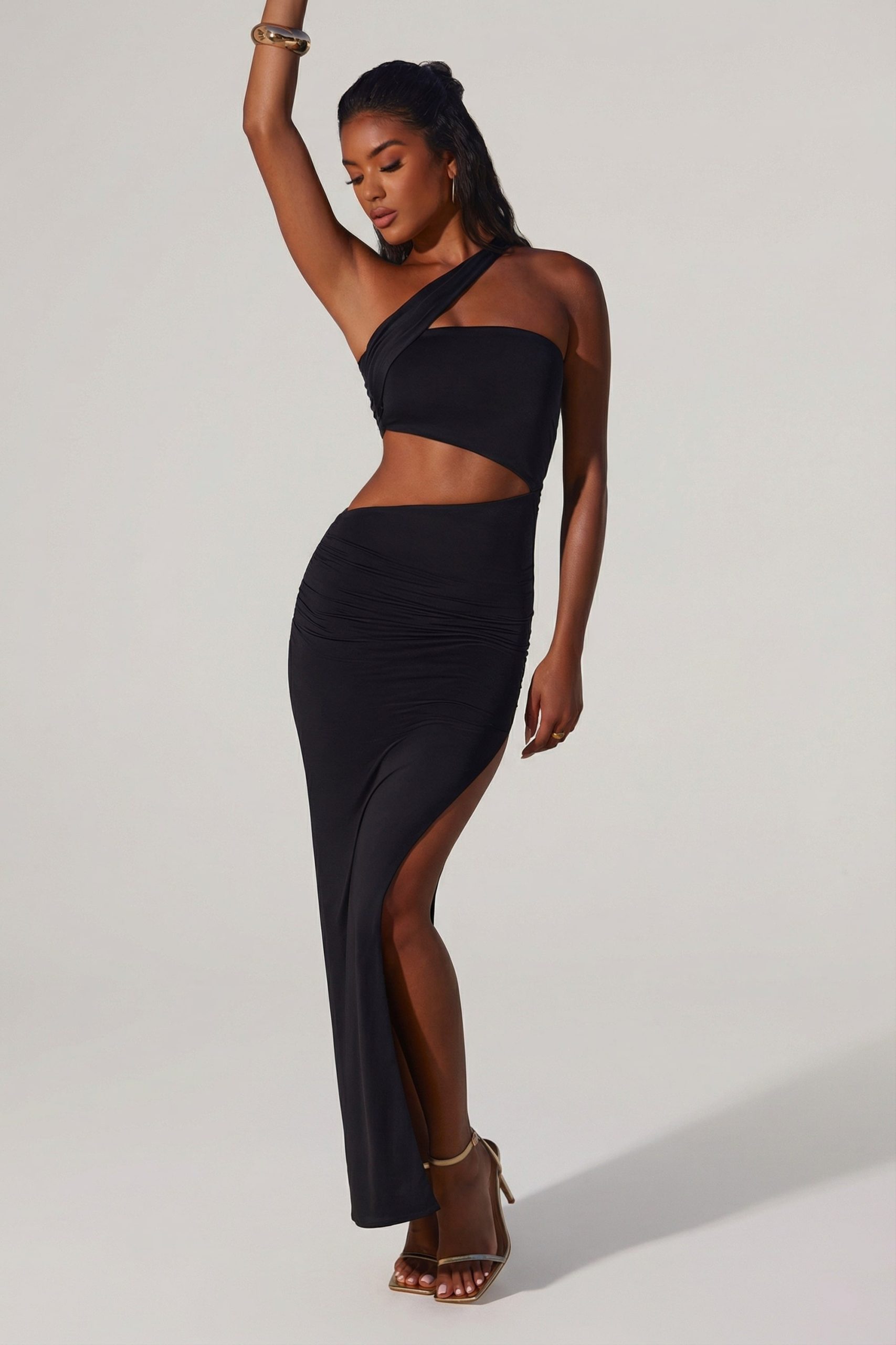 Asymmetric Neckline Ruched Cut Out Maxi Dress in Black - Image 5