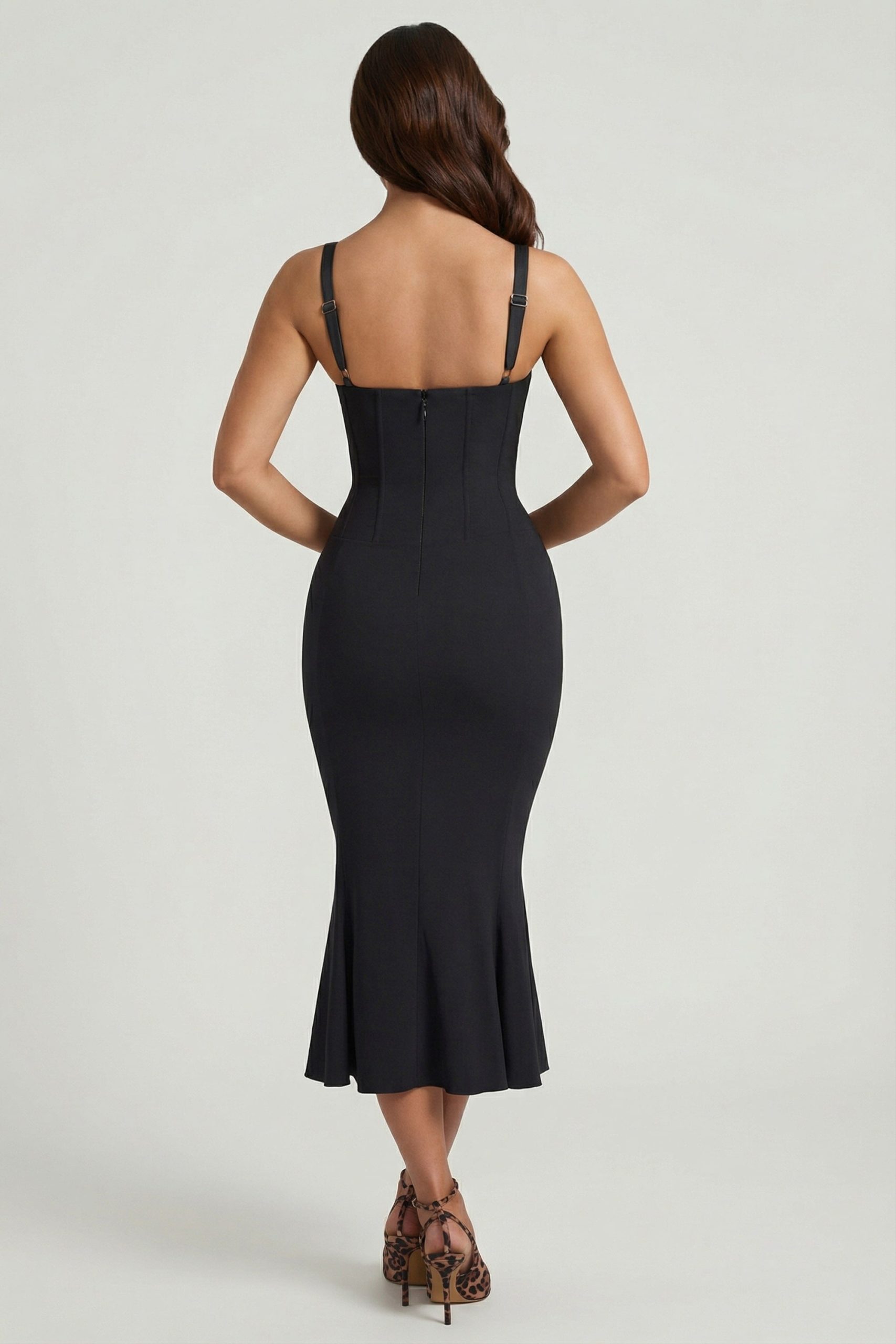 Layered Bra-Detail Fishtail Midaxi Dress in Black - Image 2