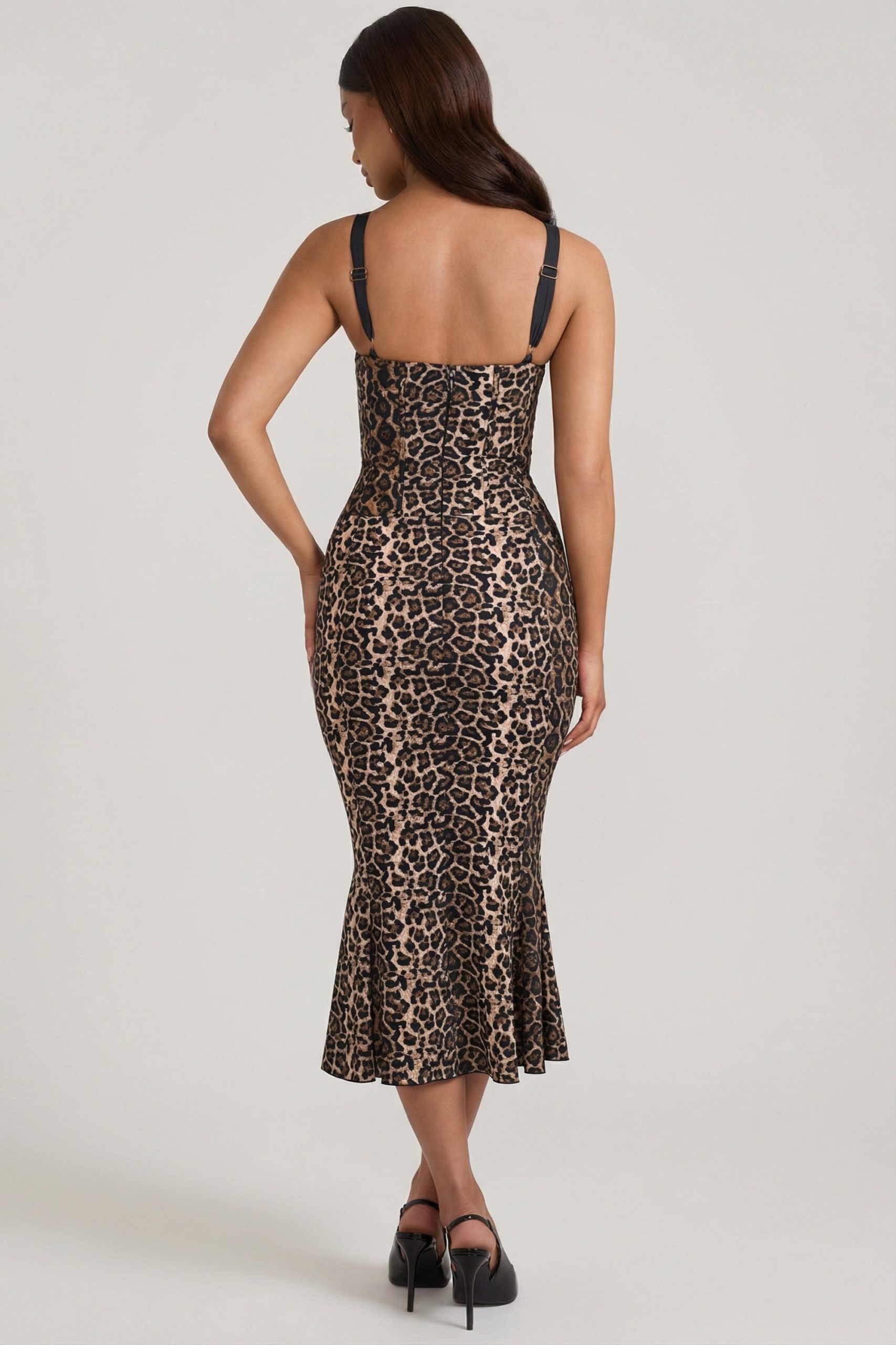 Layered Bra-Detail Fishtail Midaxi Dress in Leopard Print - Image 2