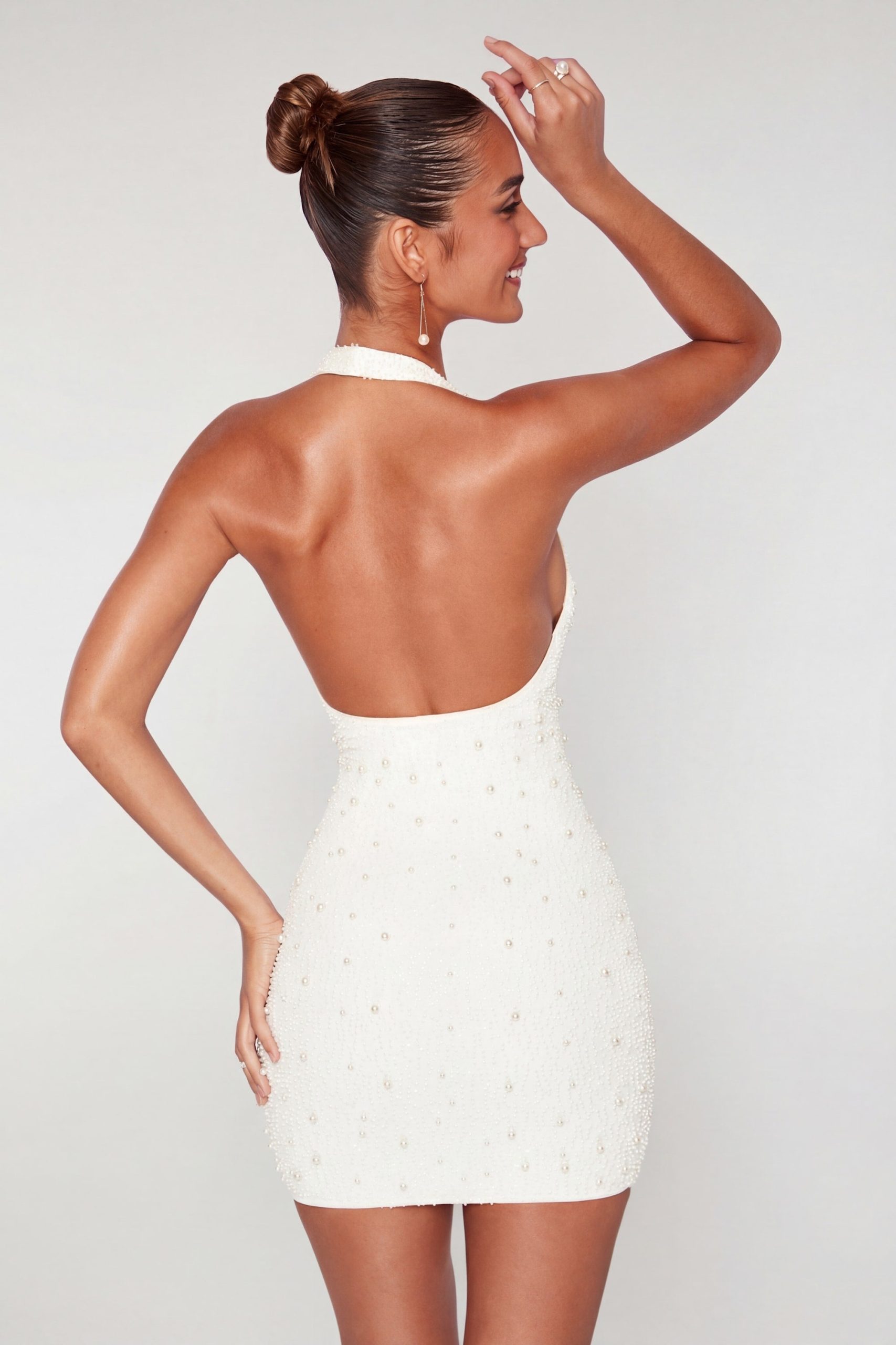 Deep Plunge Embellished Mini Dress in White - Image 2