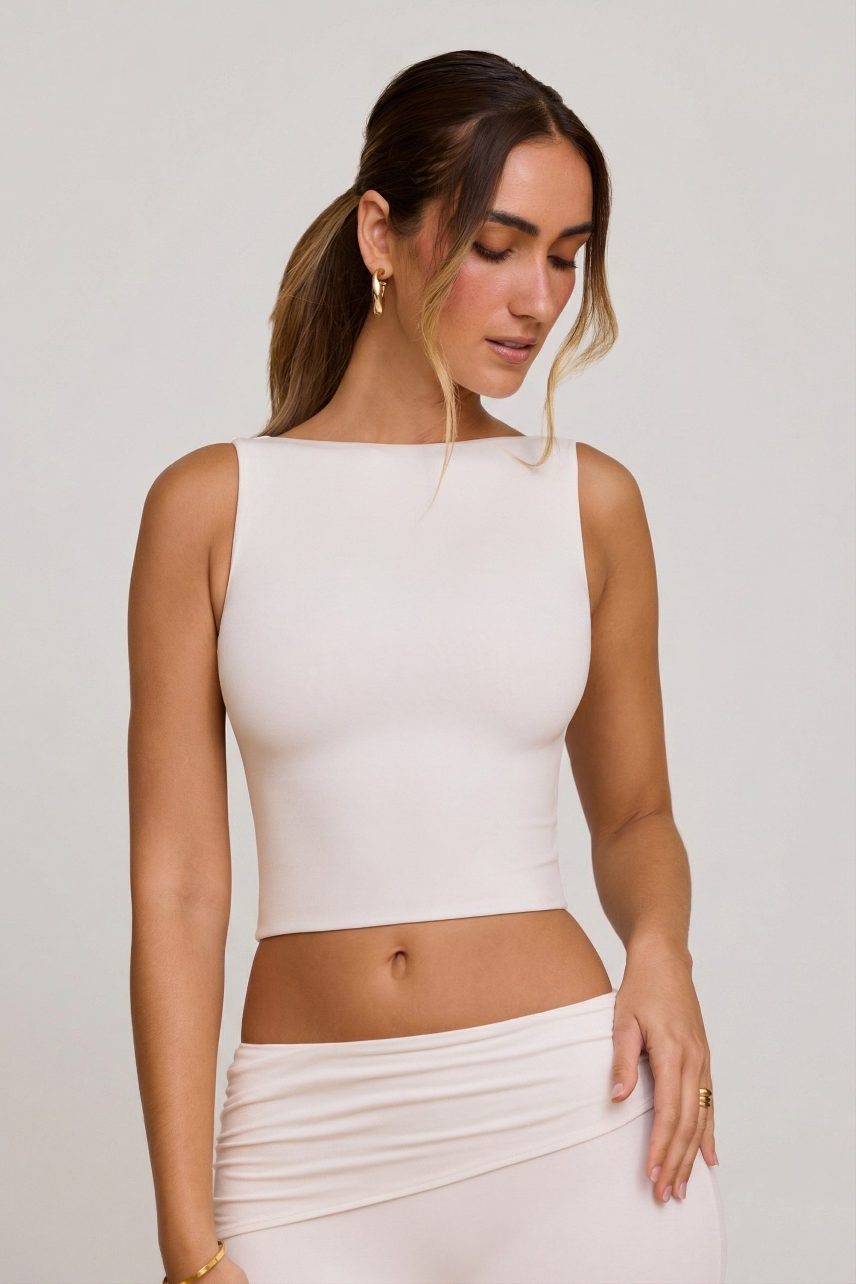 High Neck Open Back Crop Top in White - Image 6