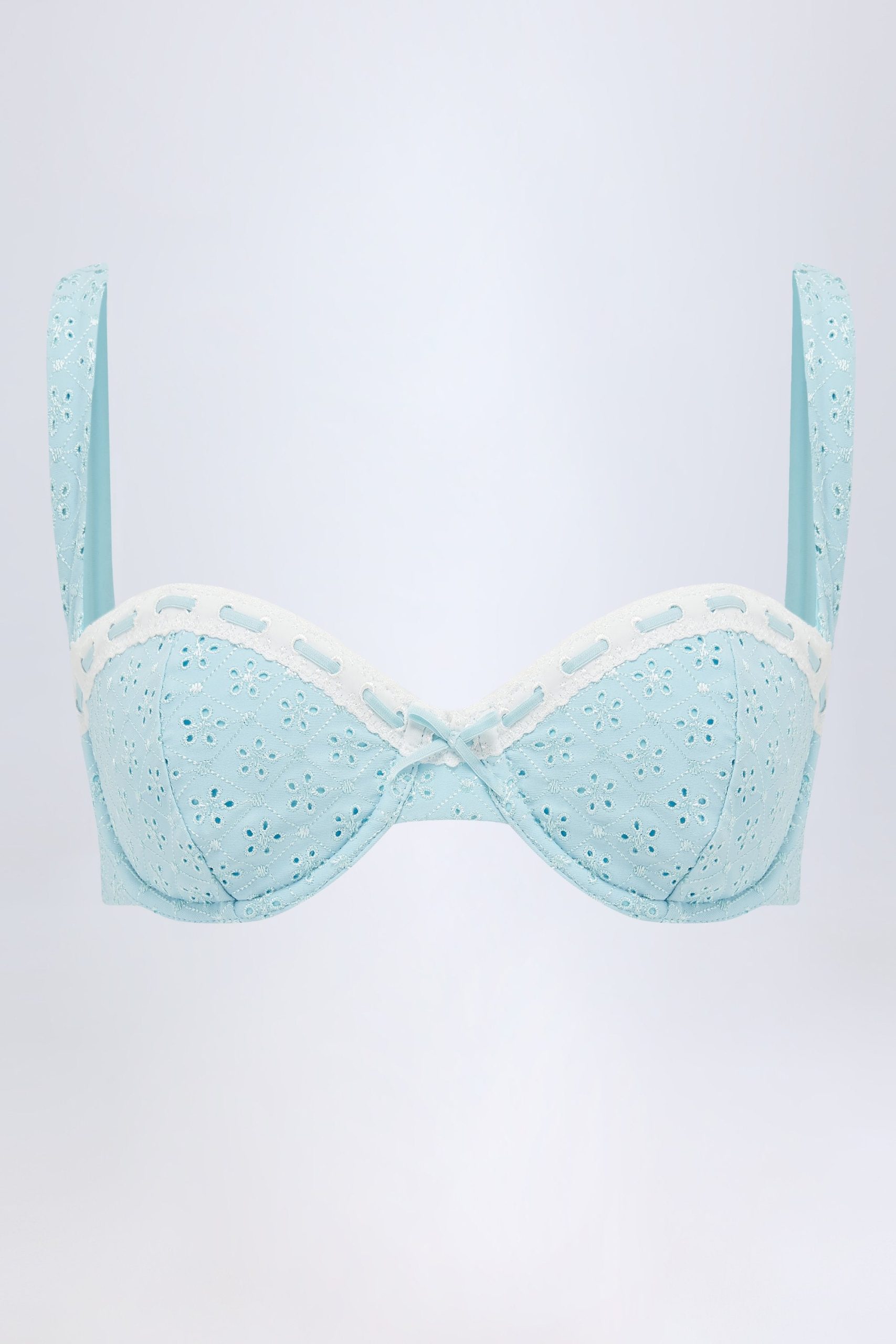 Broderie Anglaise Underwired Balconette Bikini Top in Powder Blue - Image 2