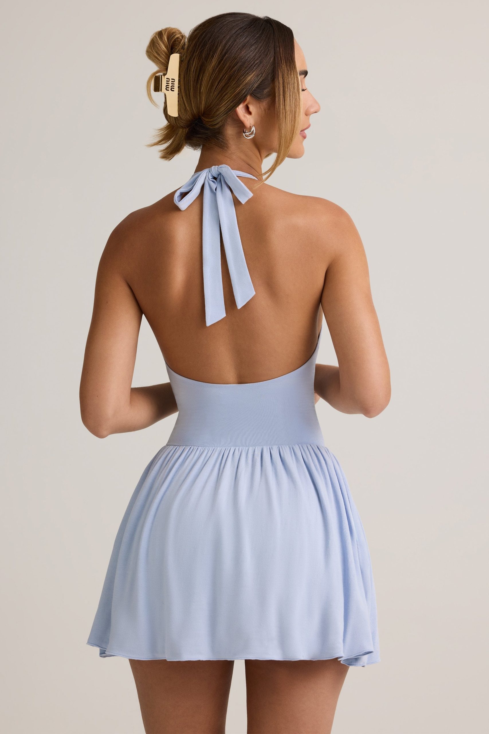 Modal Backless Halterneck Mini Dress in Light Blue - Image 5
