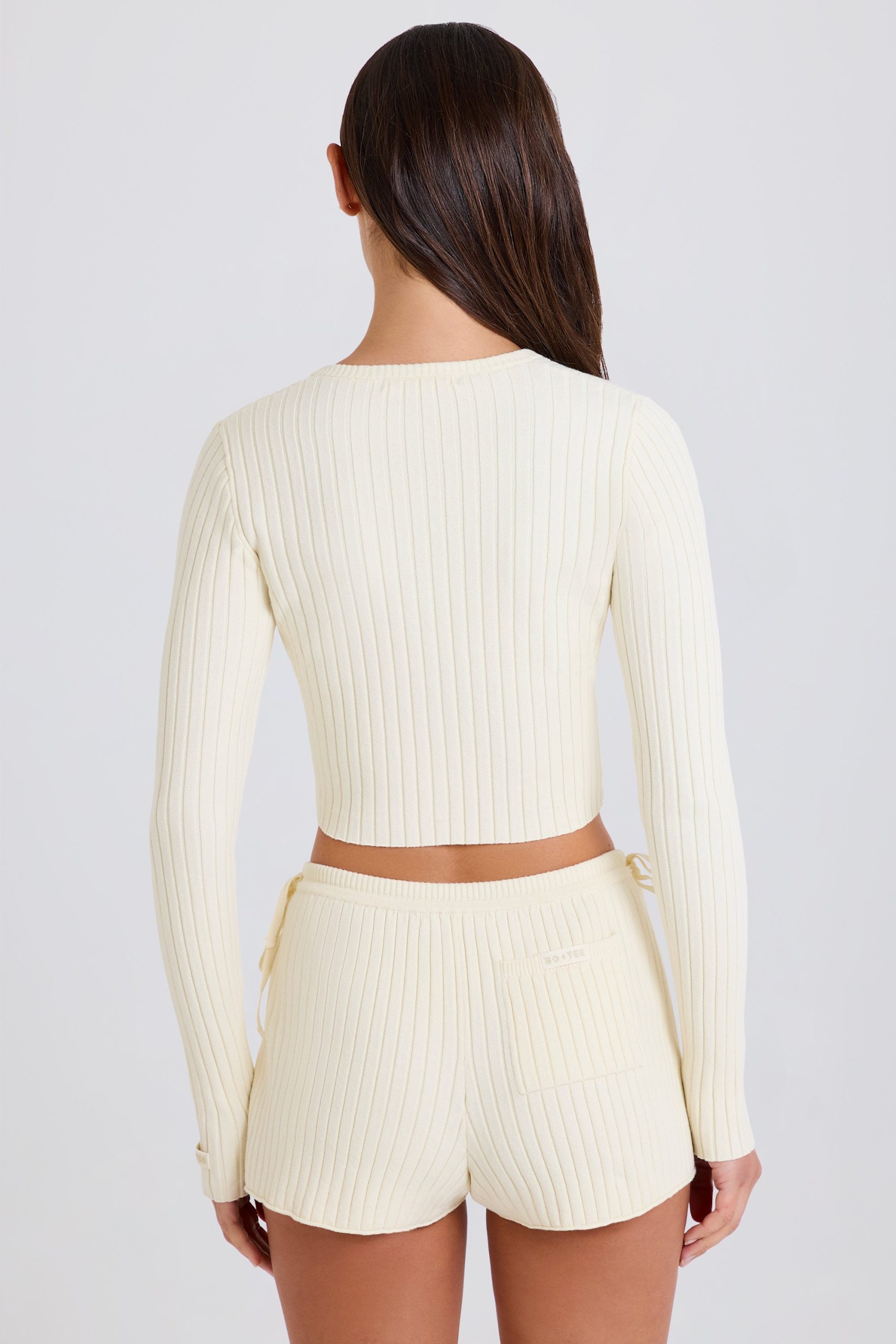 Ribbed Knit Tie Mini Shorts in Cream - Image 2