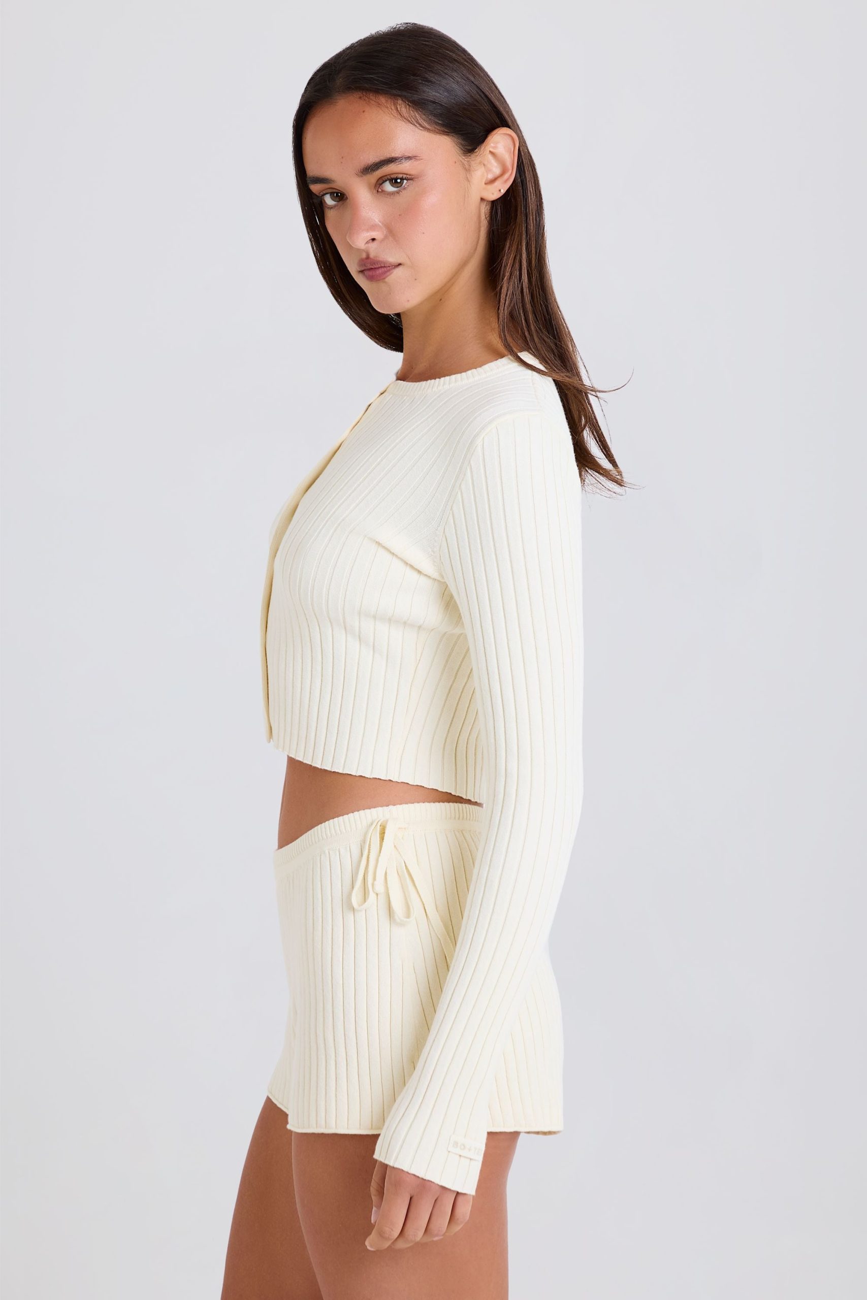 Ribbed Knit Tie Mini Shorts in Cream - Image 3