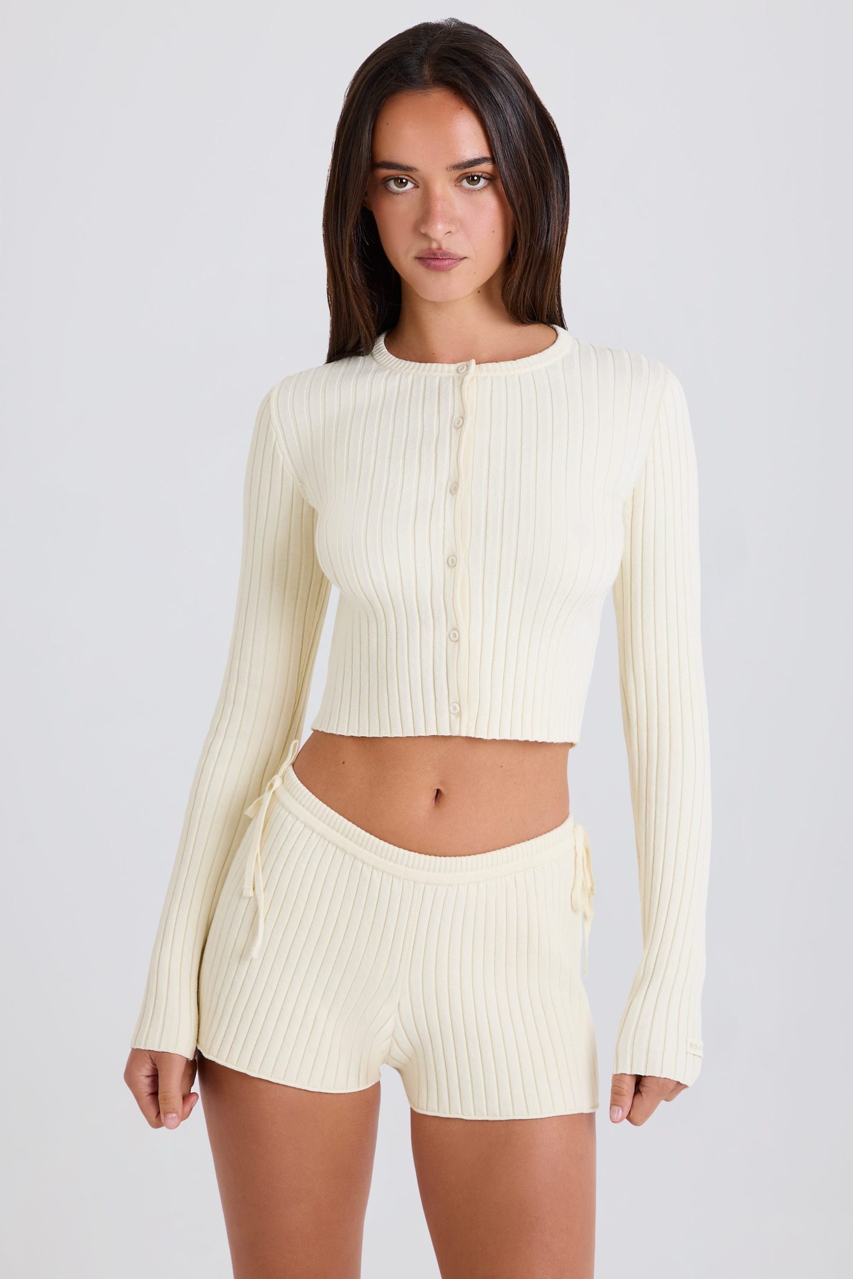 Ribbed Knit Tie Mini Shorts in Cream - Image 4