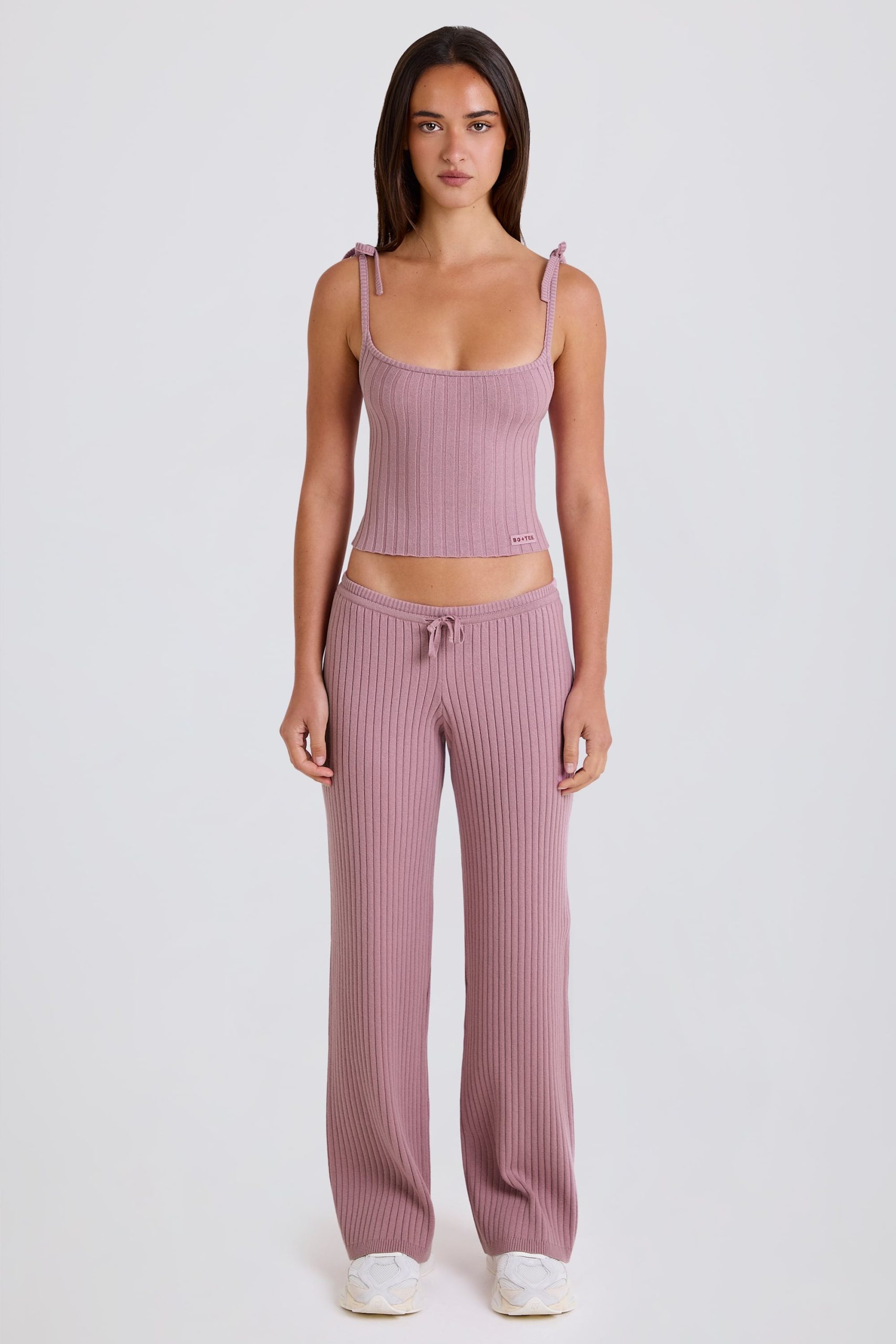 Ribbed Knit Wide-Leg Joggers in Mauve - Image 4