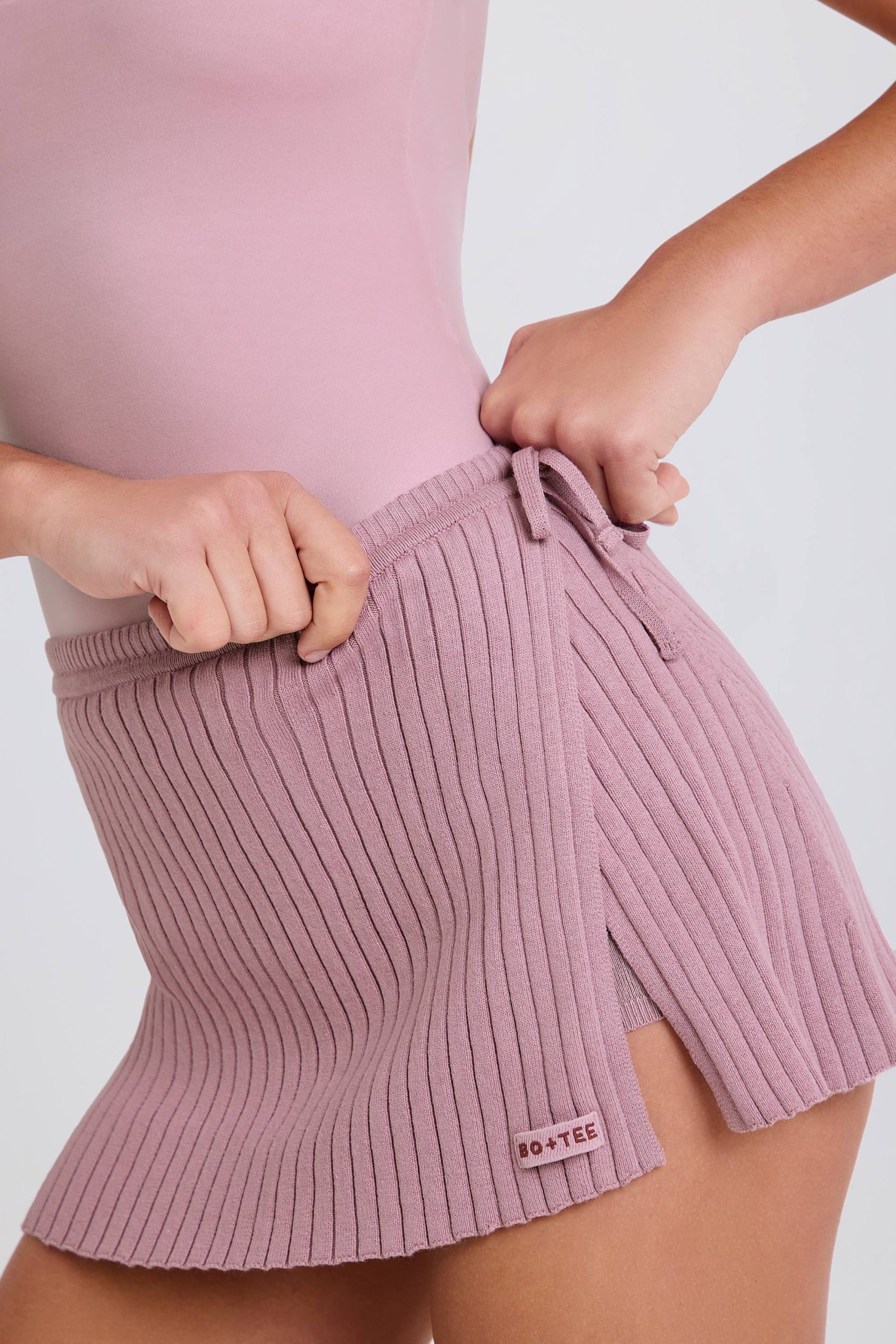 Ribbed Knit Tie Wrapover Skort in Mauve - Image 5