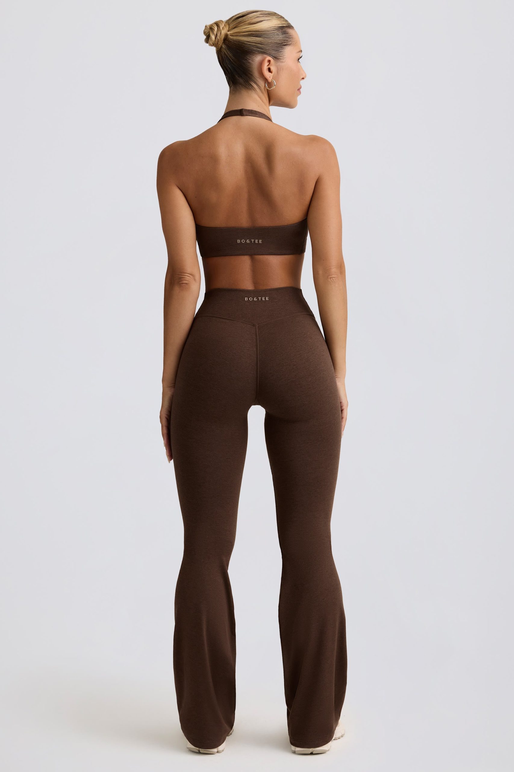 Brushed Jersey Ruched Flared Trousers in Pecan Marl - Image 3