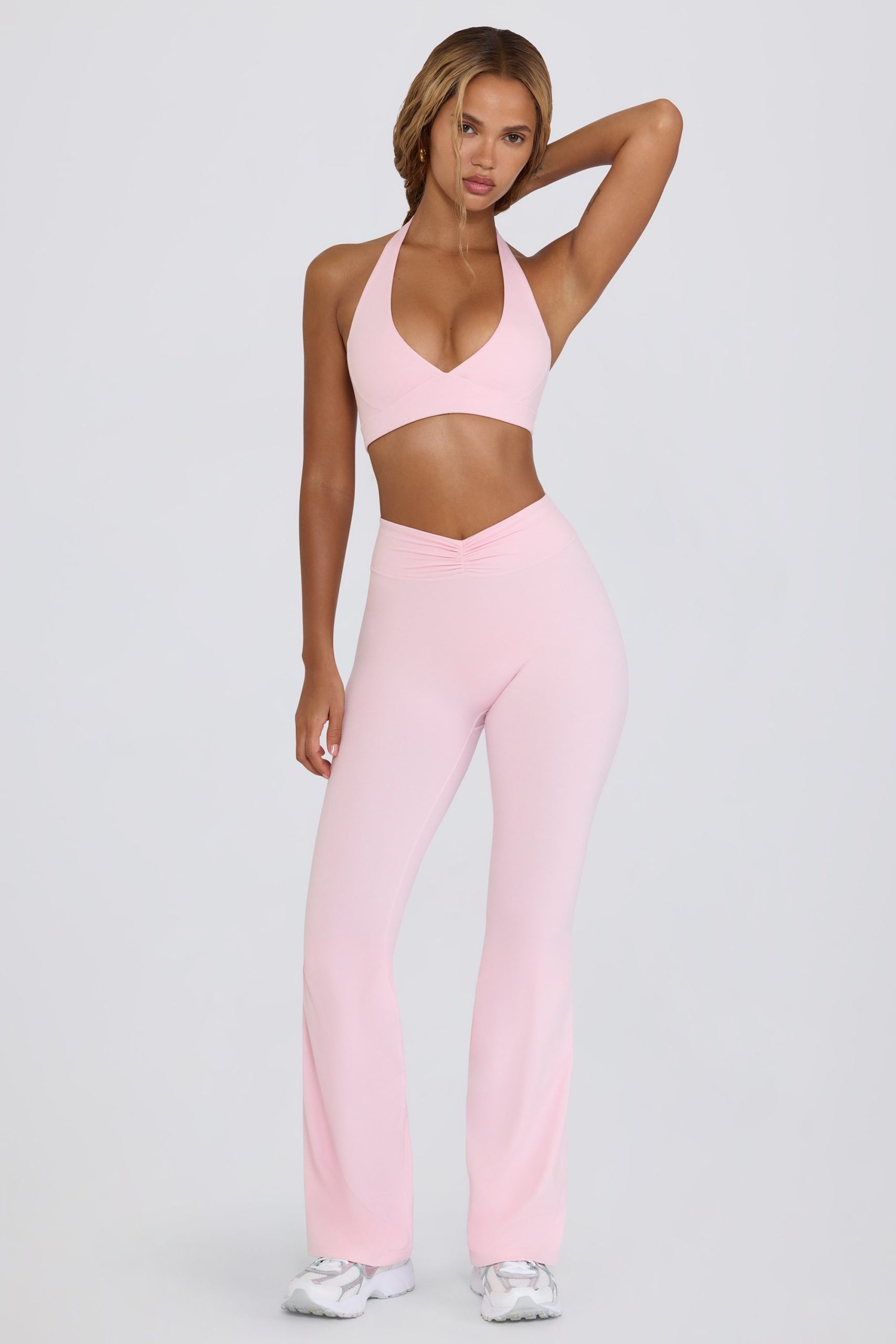 Brushed Jersey Ruched Flared Trousers in Pale Pink Marl - Image 2