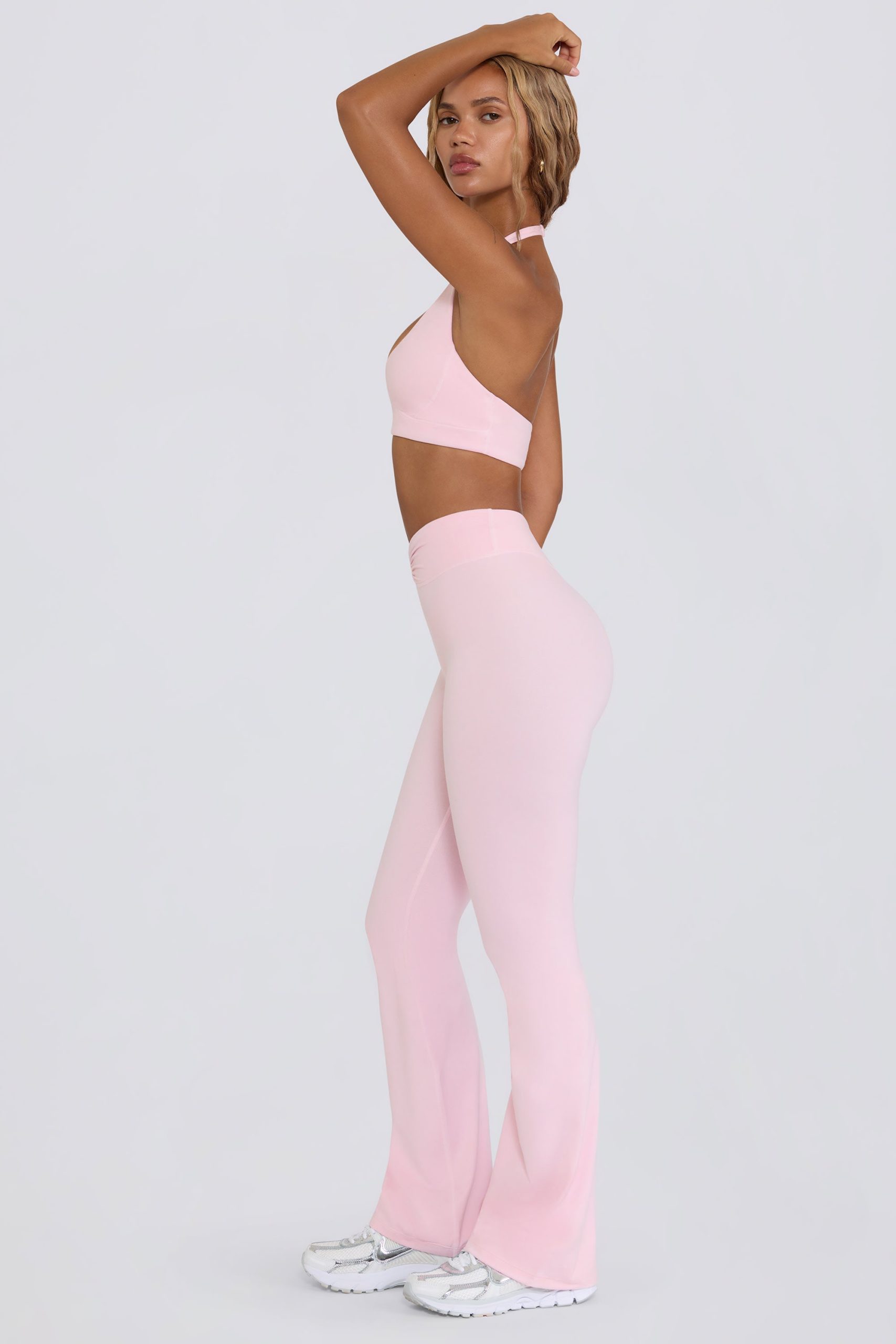 Brushed Jersey Ruched Flared Trousers in Pale Pink Marl - Image 3