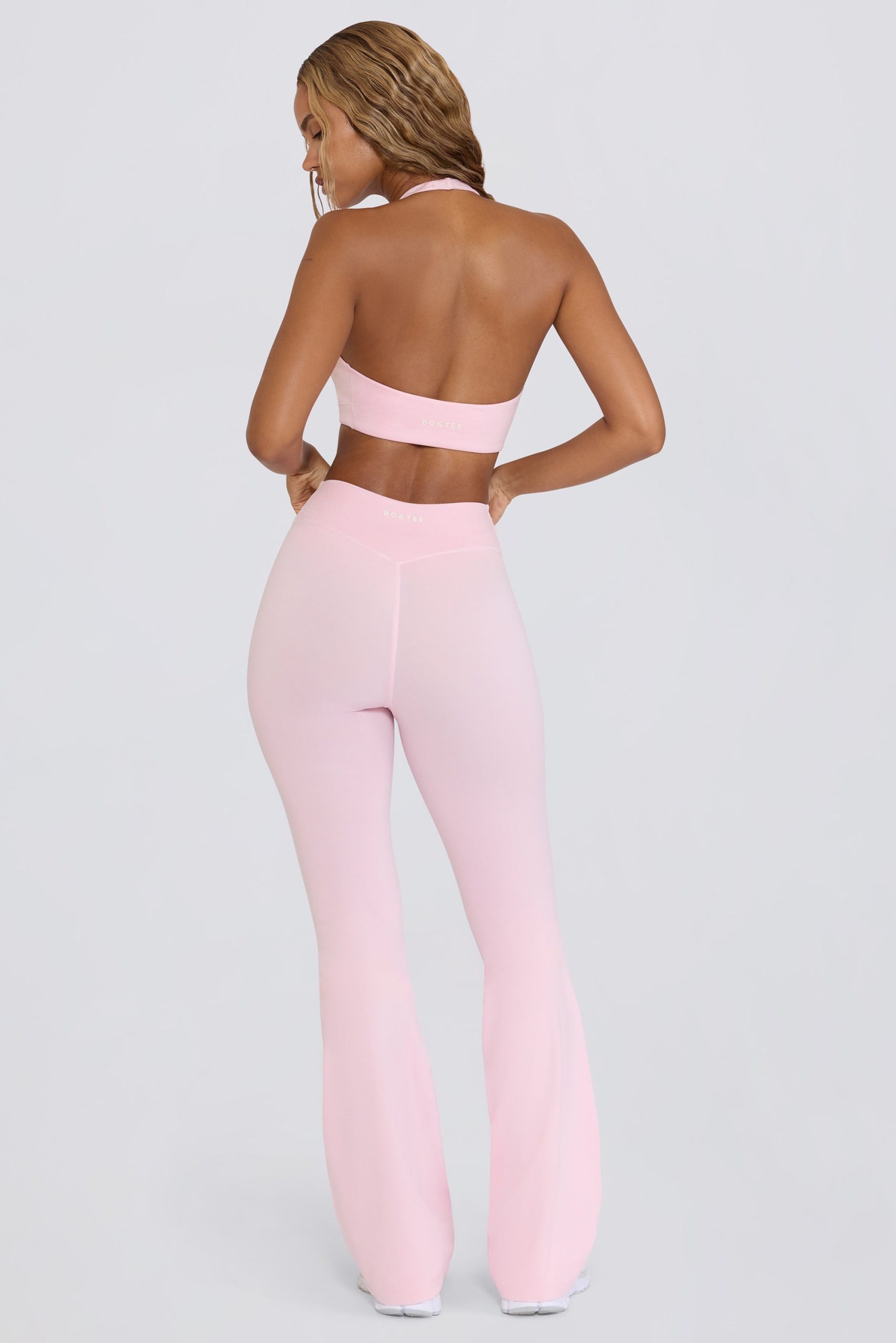 Brushed Jersey Ruched Flared Trousers in Pale Pink Marl - Image 4