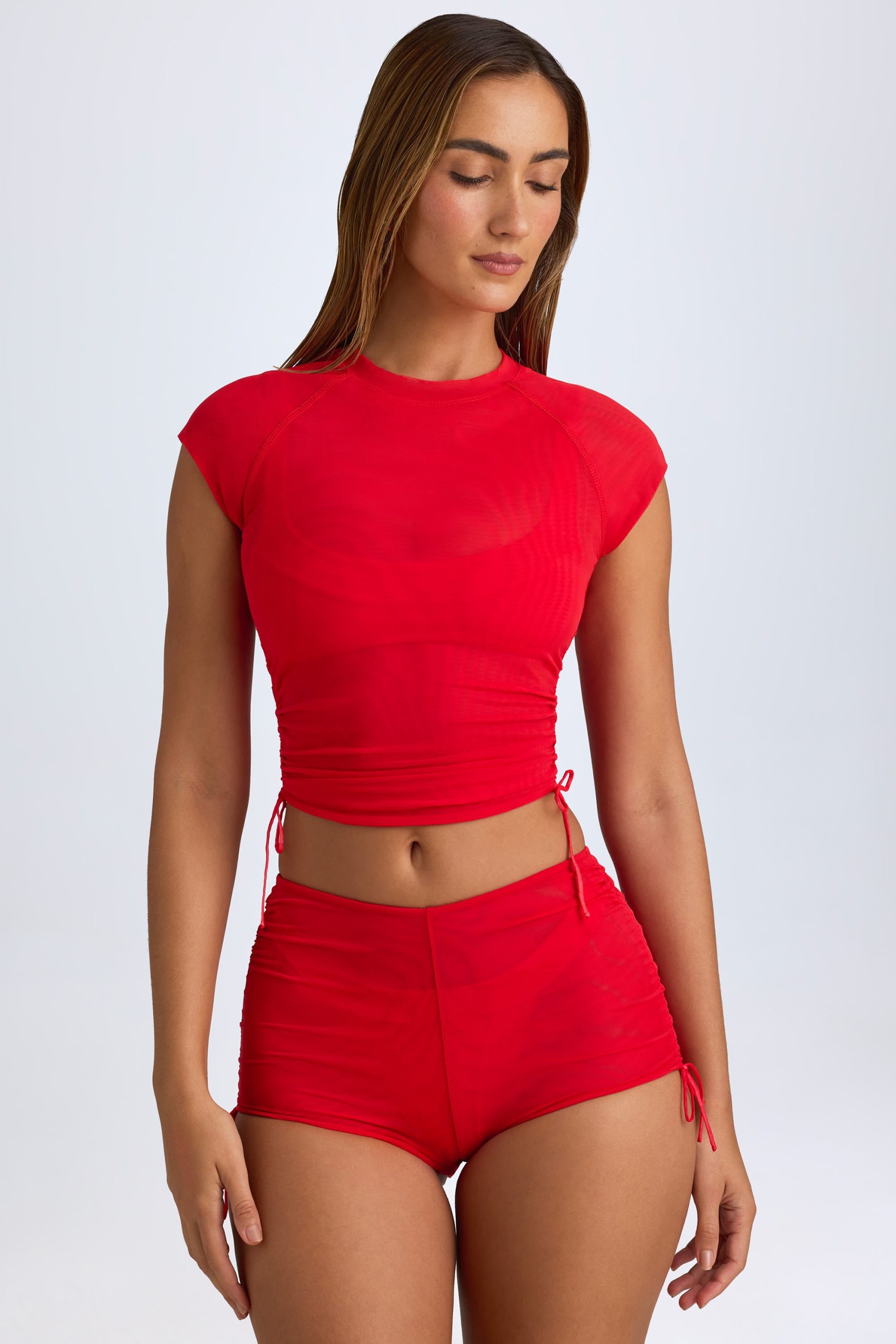 Sheer Ruched Cropped T-Shirt in Fiery Red - Image 3