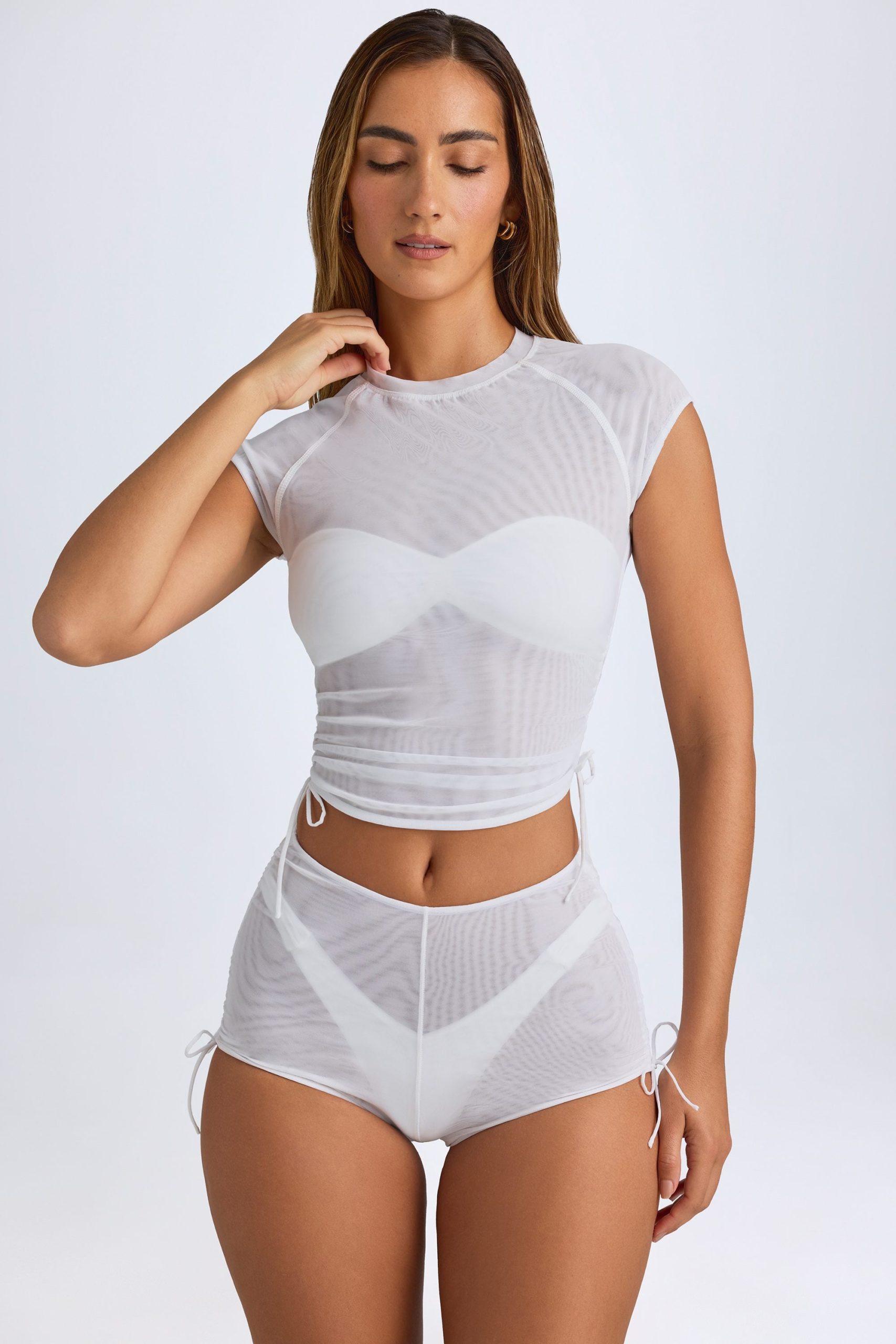 Sheer Ruched Cropped T-Shirt in White - Image 2