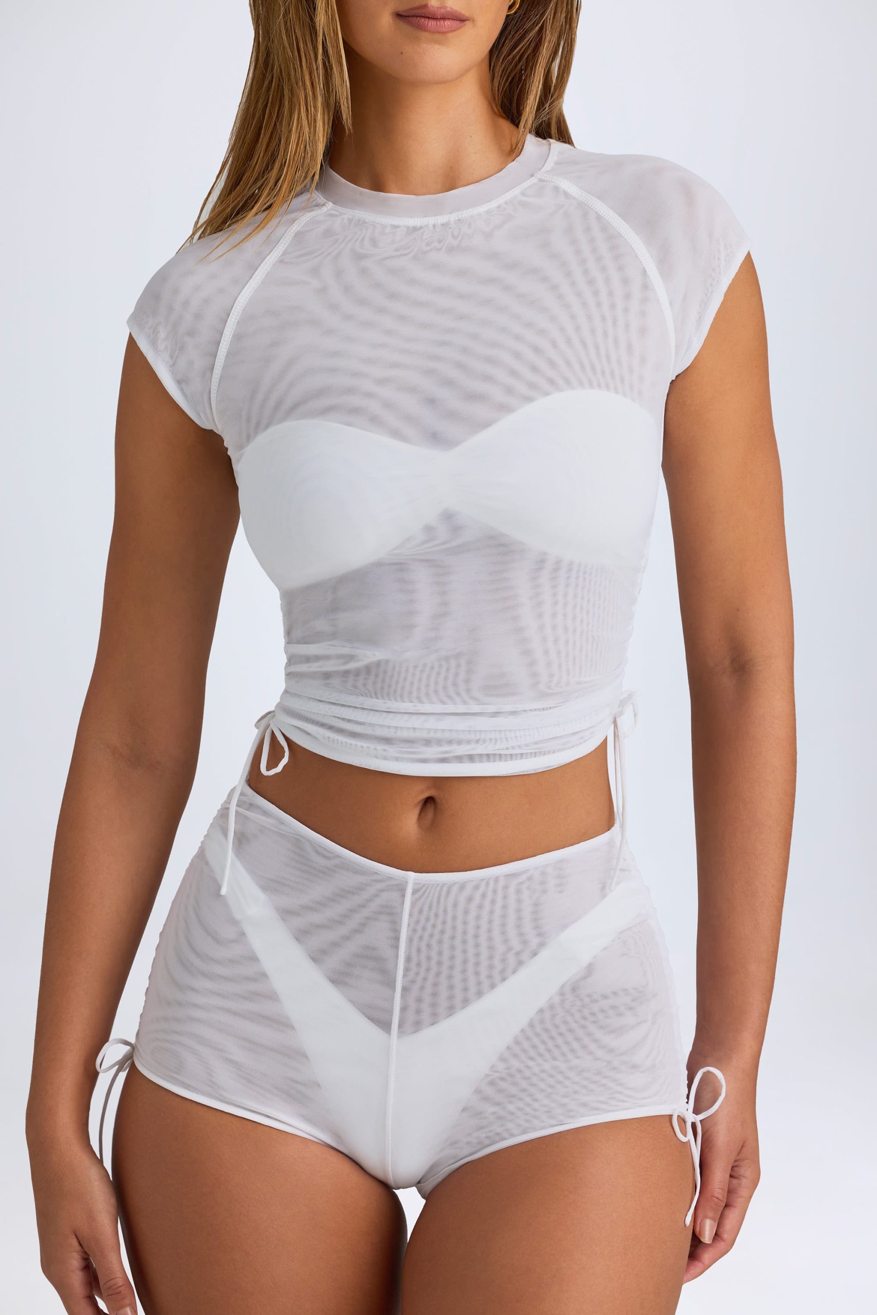 Sheer Ruched Cropped T-Shirt in White - Image 6