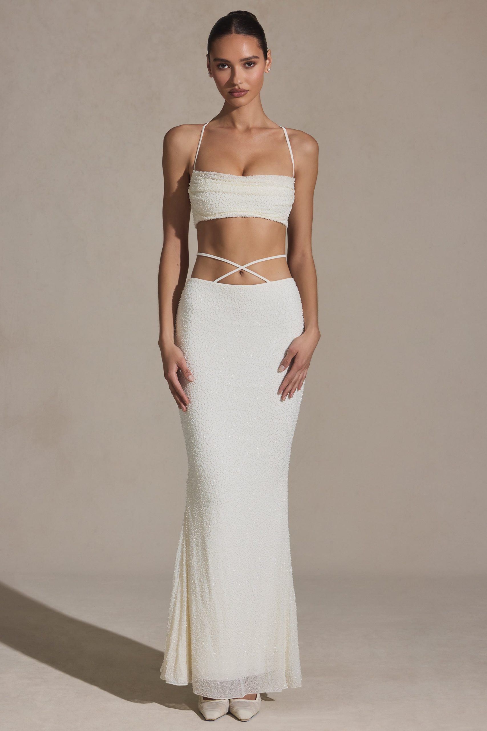 Embellished Strappy Maxi Skirt in White - Image 4