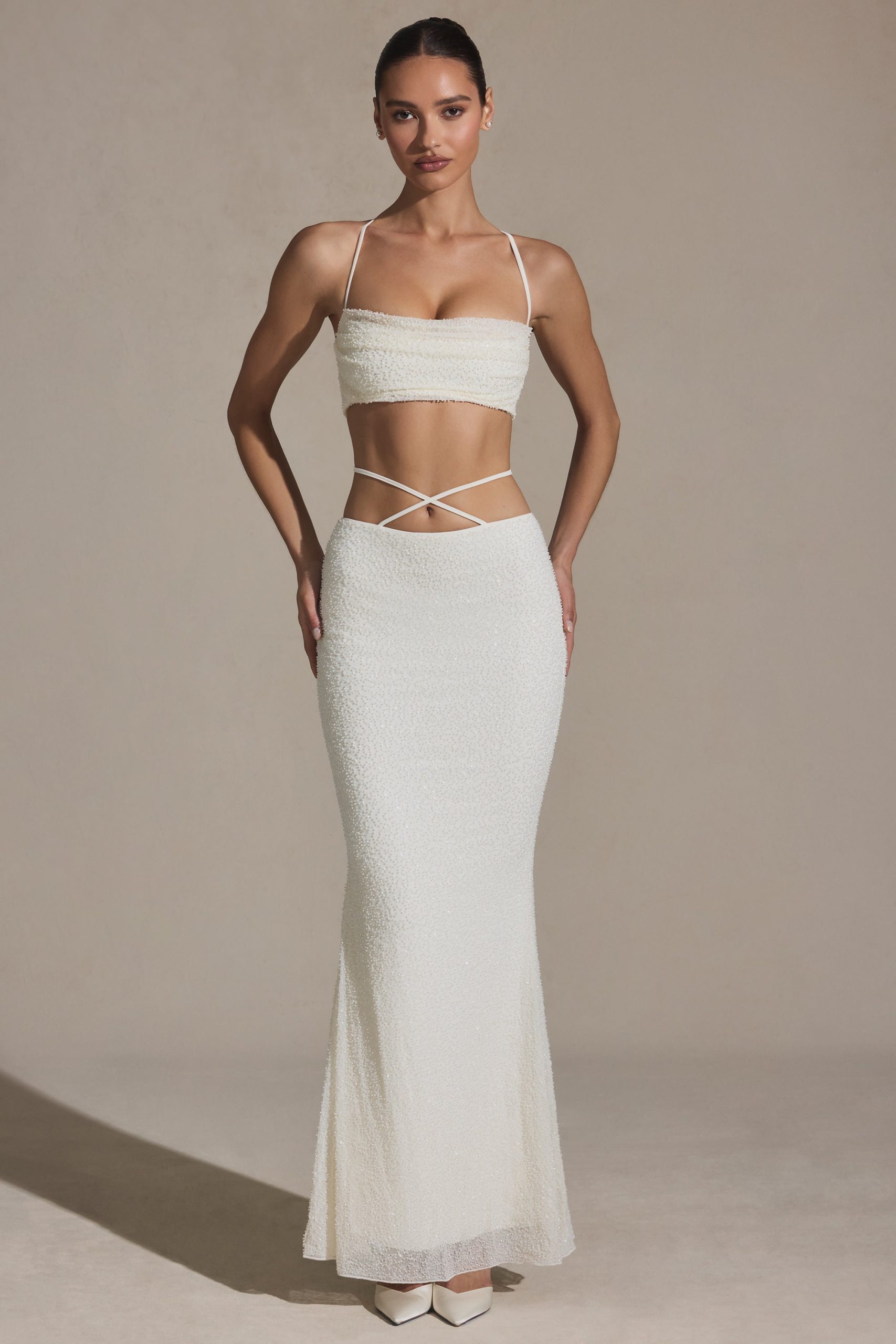 Embellished Strappy Maxi Skirt in White - Image 7