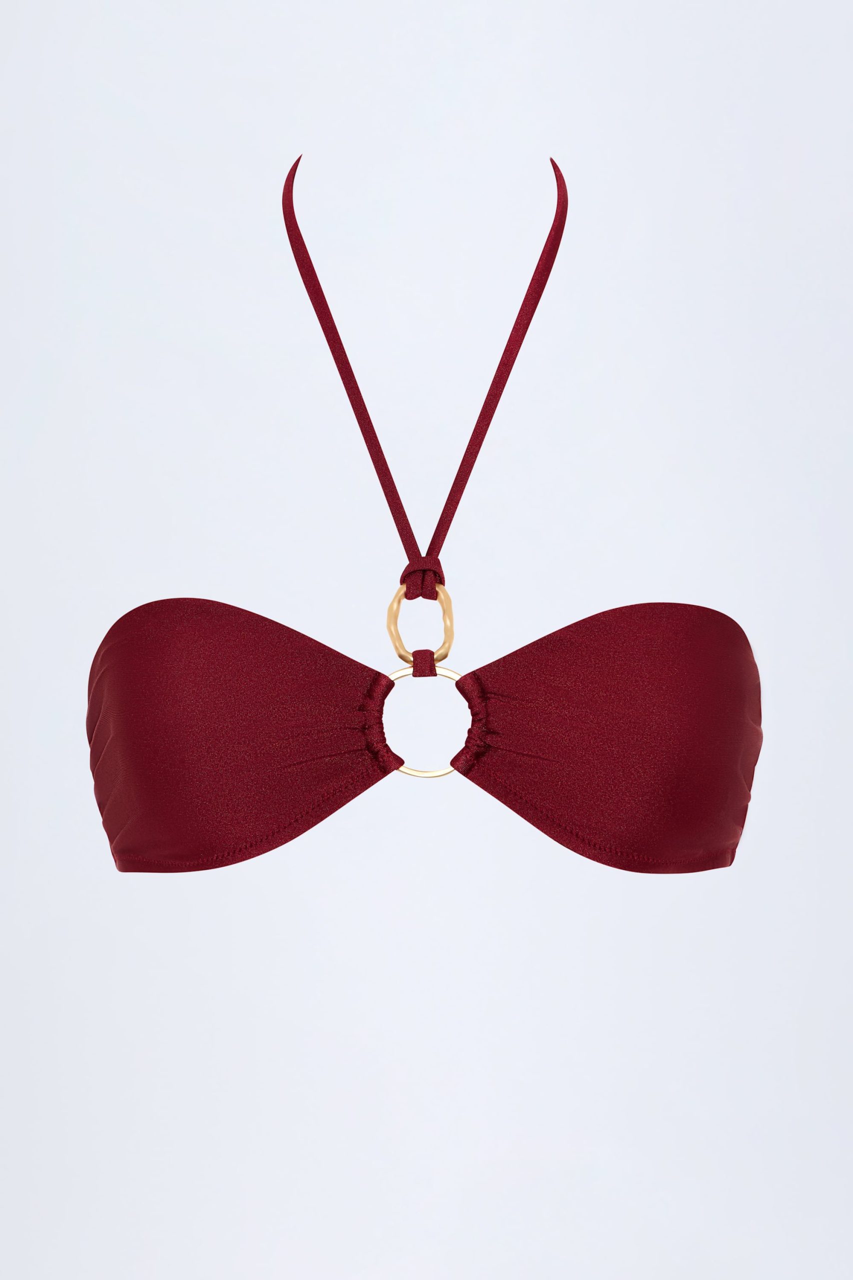Hardware-Detail Ruched Halterneck Bikini Top in Dark Cherry - Image 3