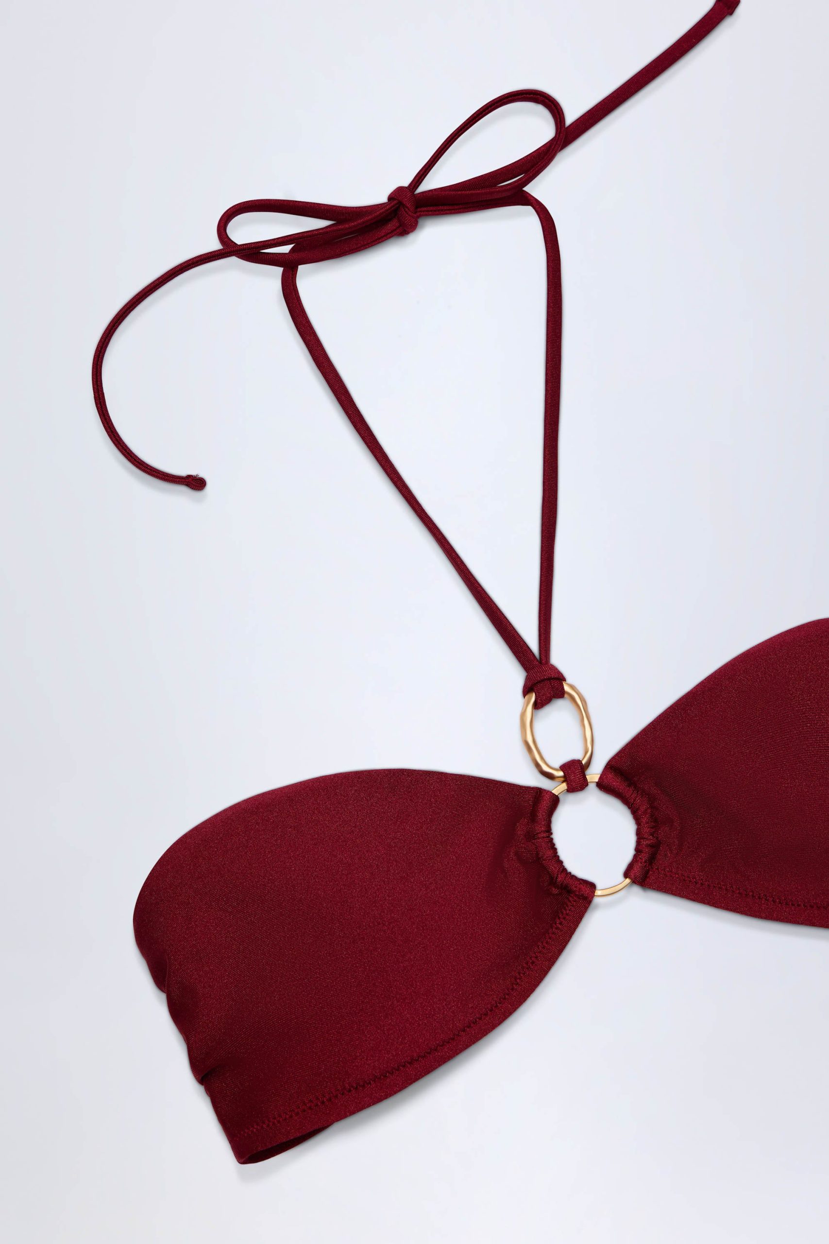 Hardware-Detail Ruched Halterneck Bikini Top in Dark Cherry - Image 6