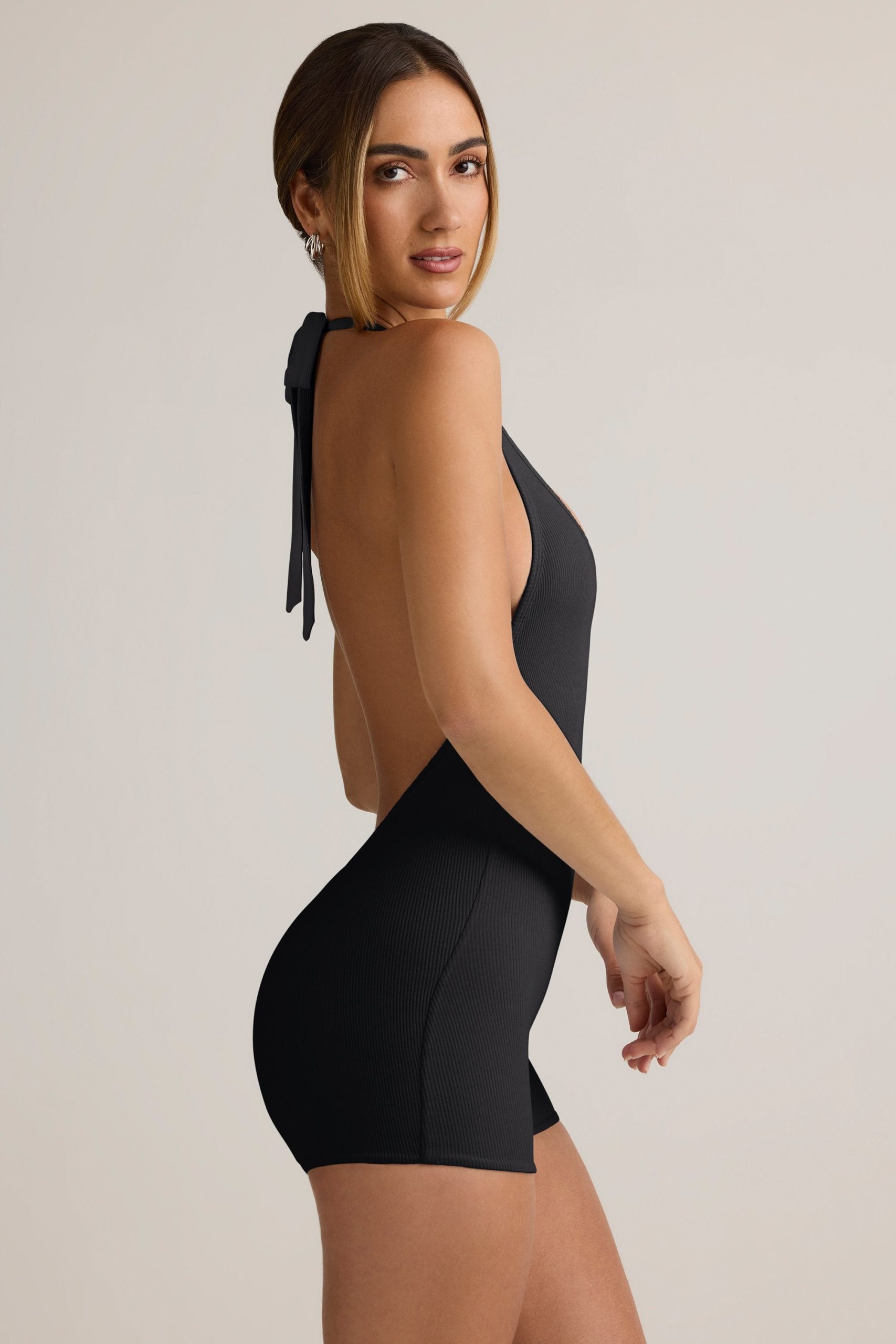 Modal Ribbed Backless Playsuit in Black - Image 3
