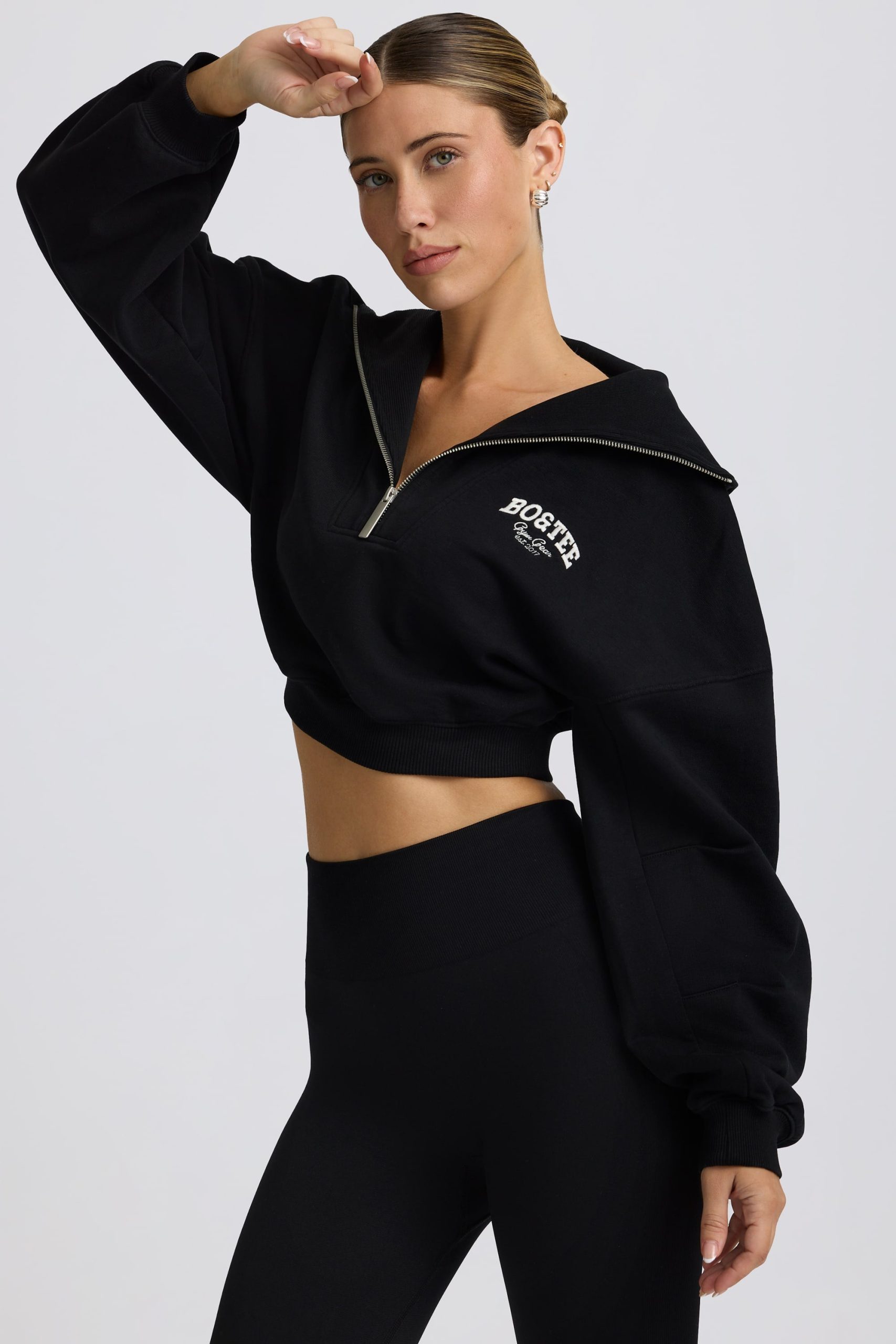 Quarter-Zip Cropped Sweatshirt in Black - Image 3
