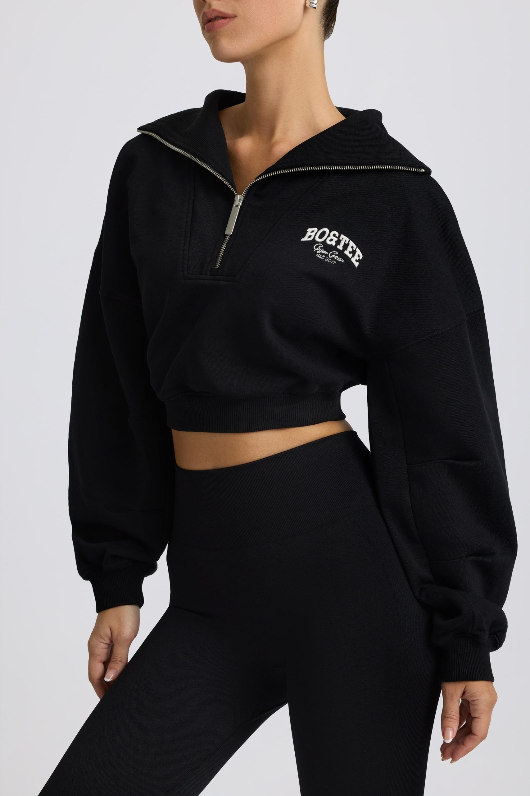Quarter-Zip Cropped Sweatshirt in Black - Image 4