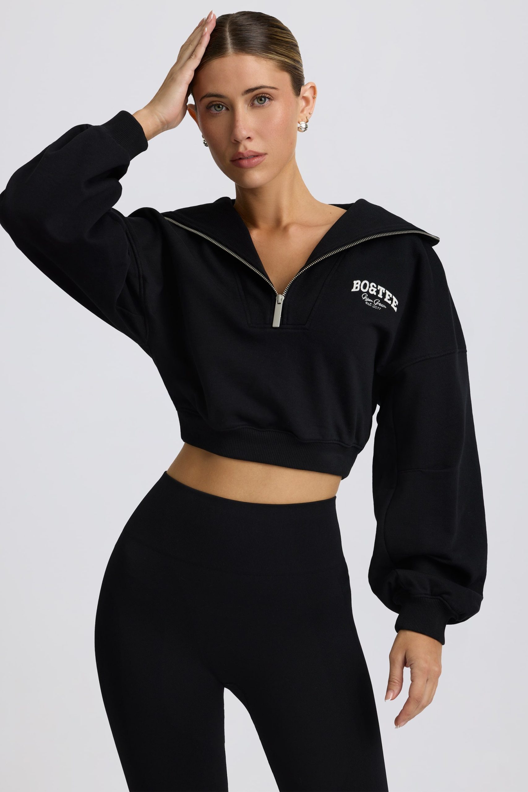 Quarter-Zip Cropped Sweatshirt in Black - Image 5