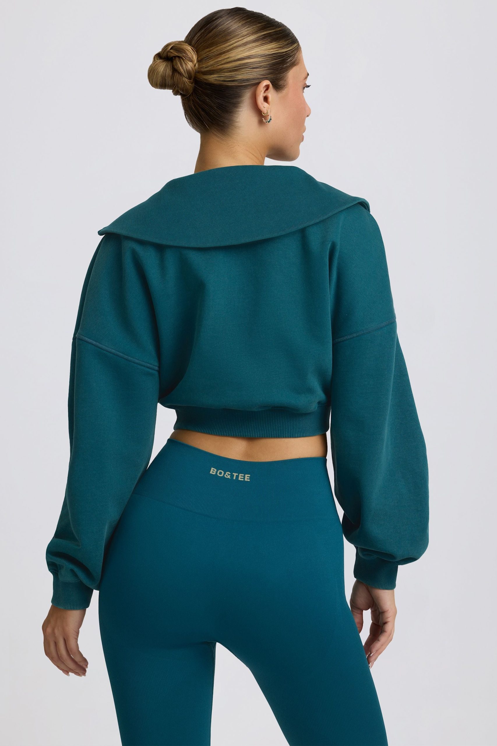 Quarter-Zip Cropped Sweatshirt in Teal - Image 2