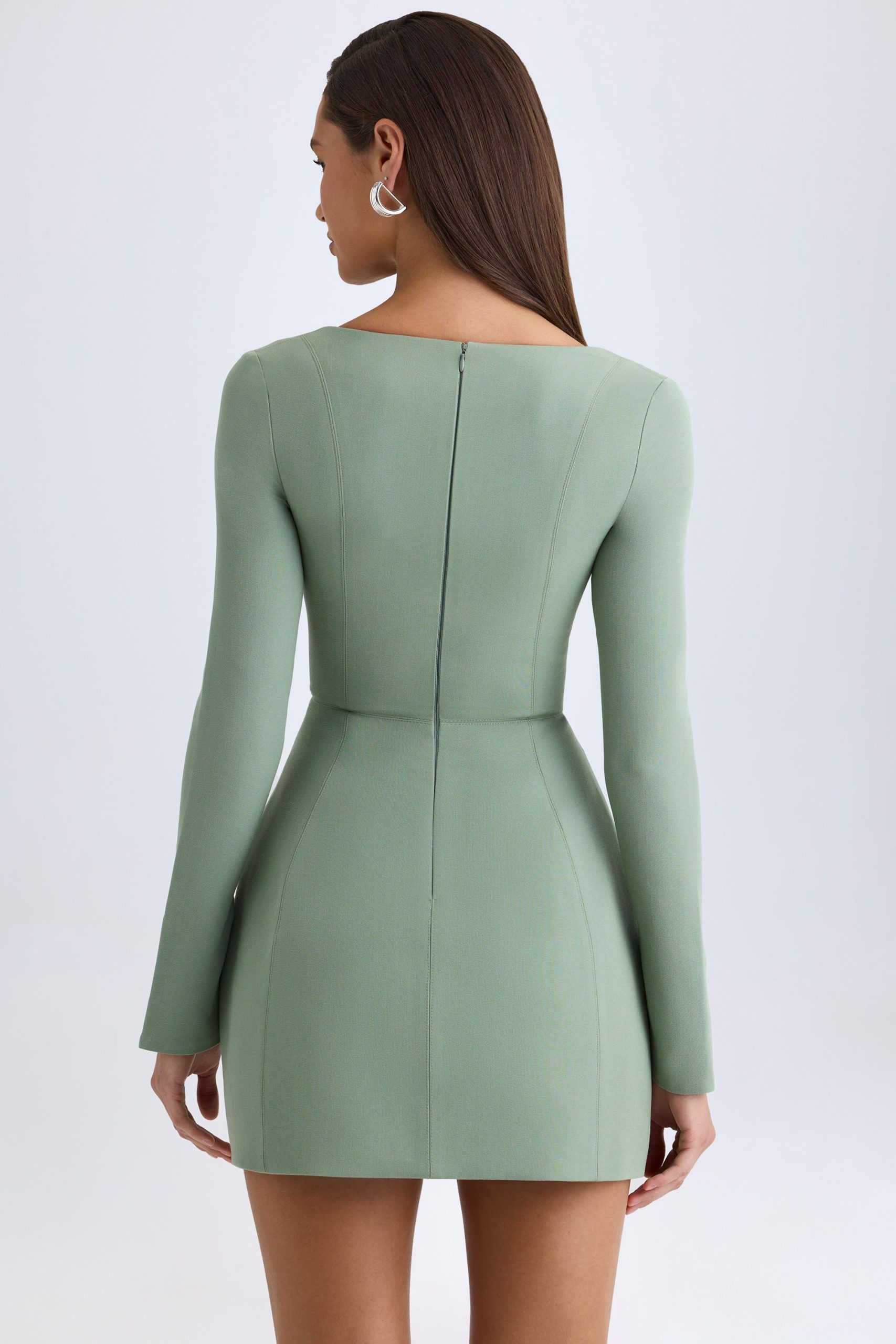 Square-Neck Structured Tulip Mini Dress in Khaki Green - Image 3