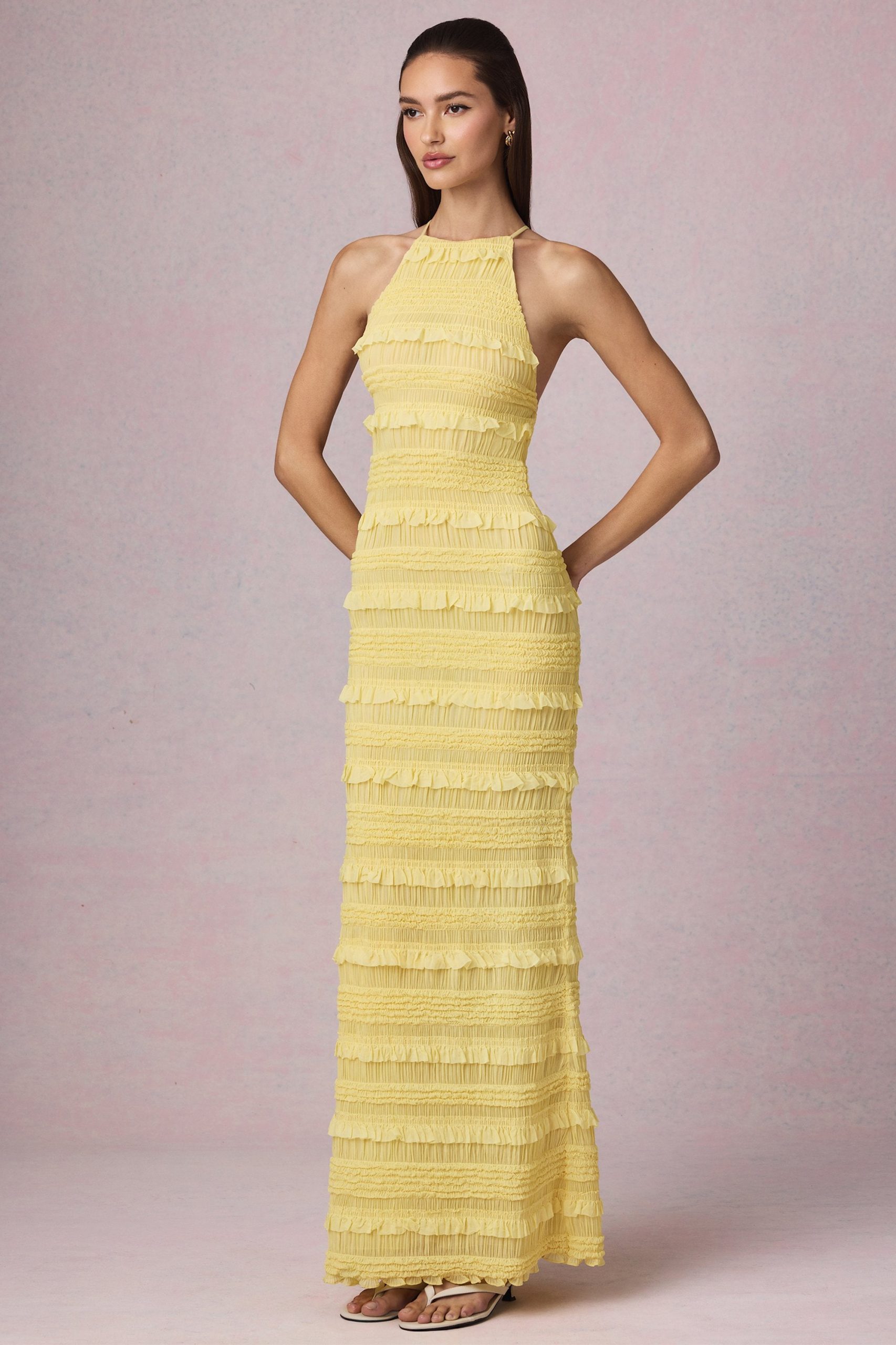 Ruffled Backless Halterneck Maxi Dress in Lemon Yellow - Image 6