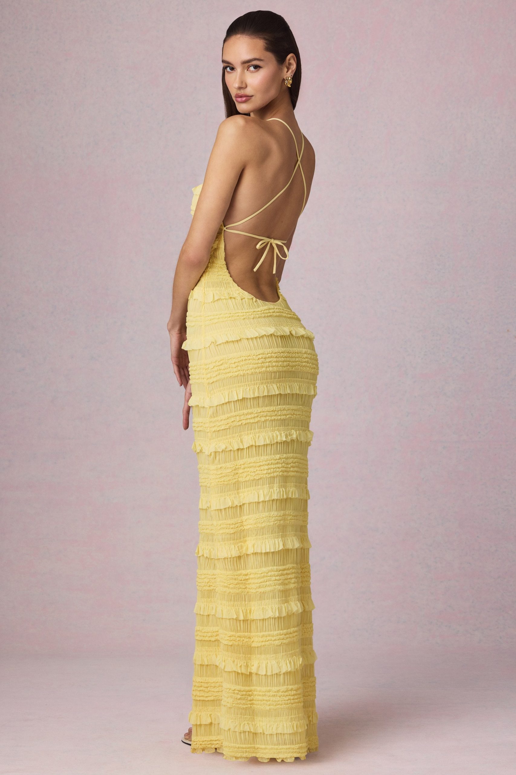 Ruffled Backless Halterneck Maxi Dress in Lemon Yellow - Image 8