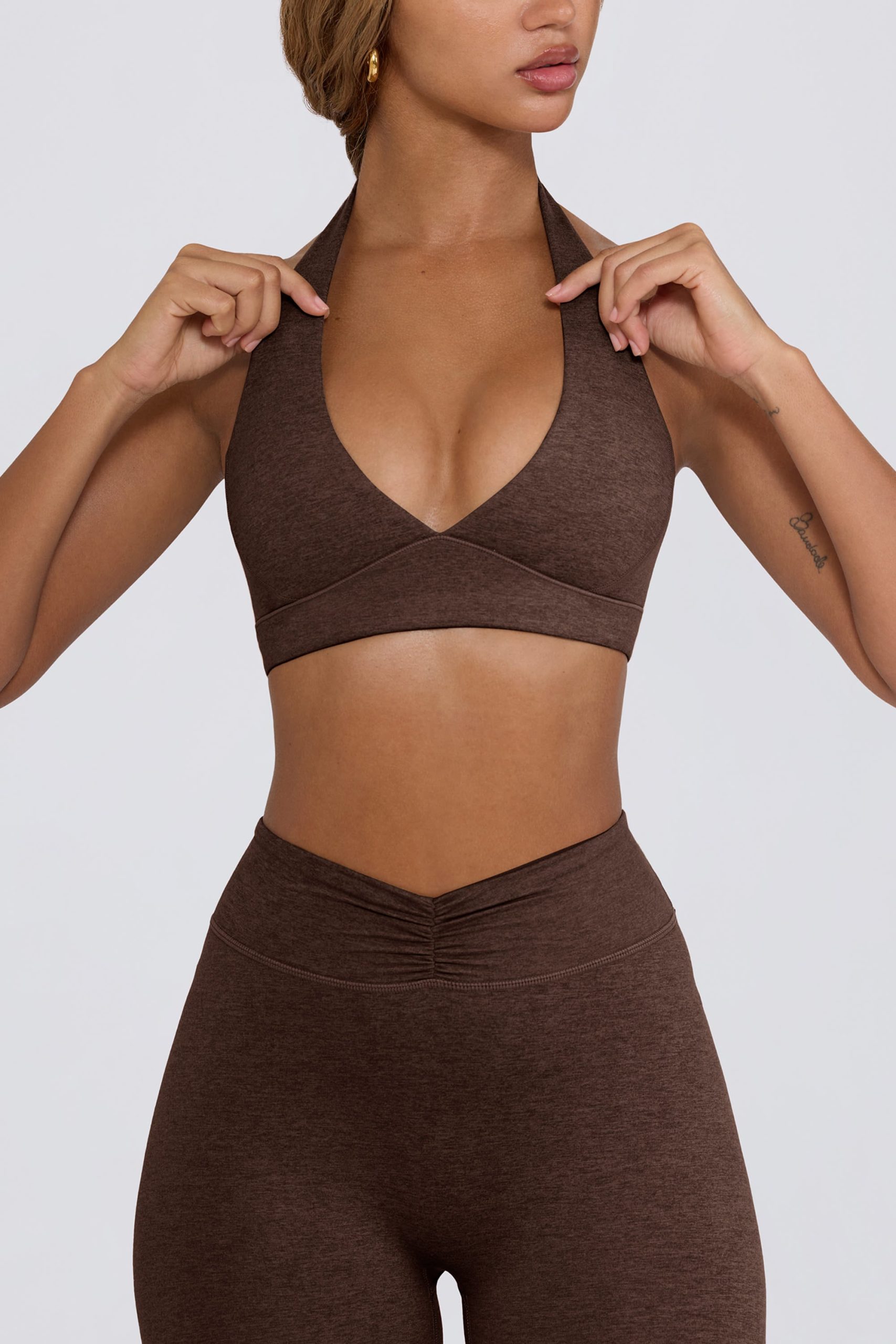Brushed Jersey V-Neck Sports Bra in Pecan Marl - Image 4