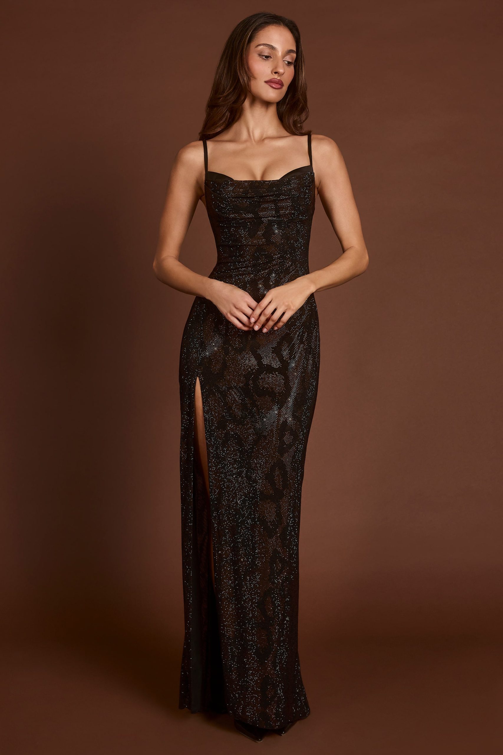 Embellished Peekaboo Cowl-Neck Dress in Brown Snake - Image 8