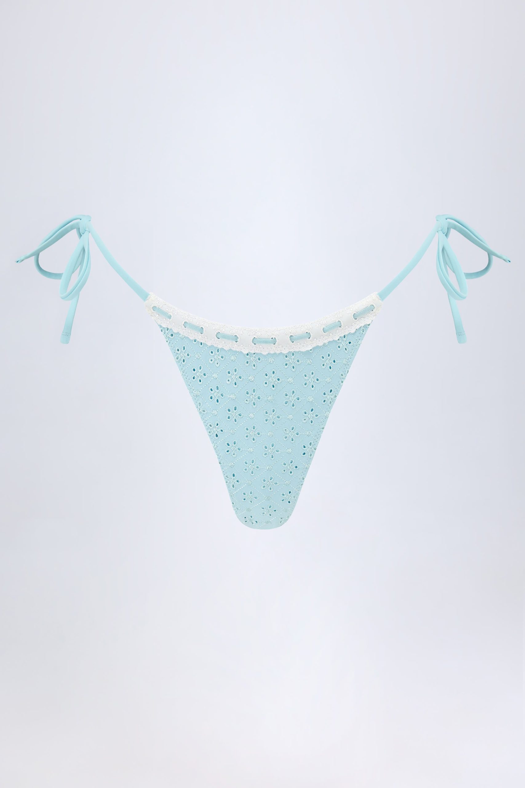 Broderie Anglaise Side-Tie Thong Bikini Bottoms in Powder Blue - Image 2