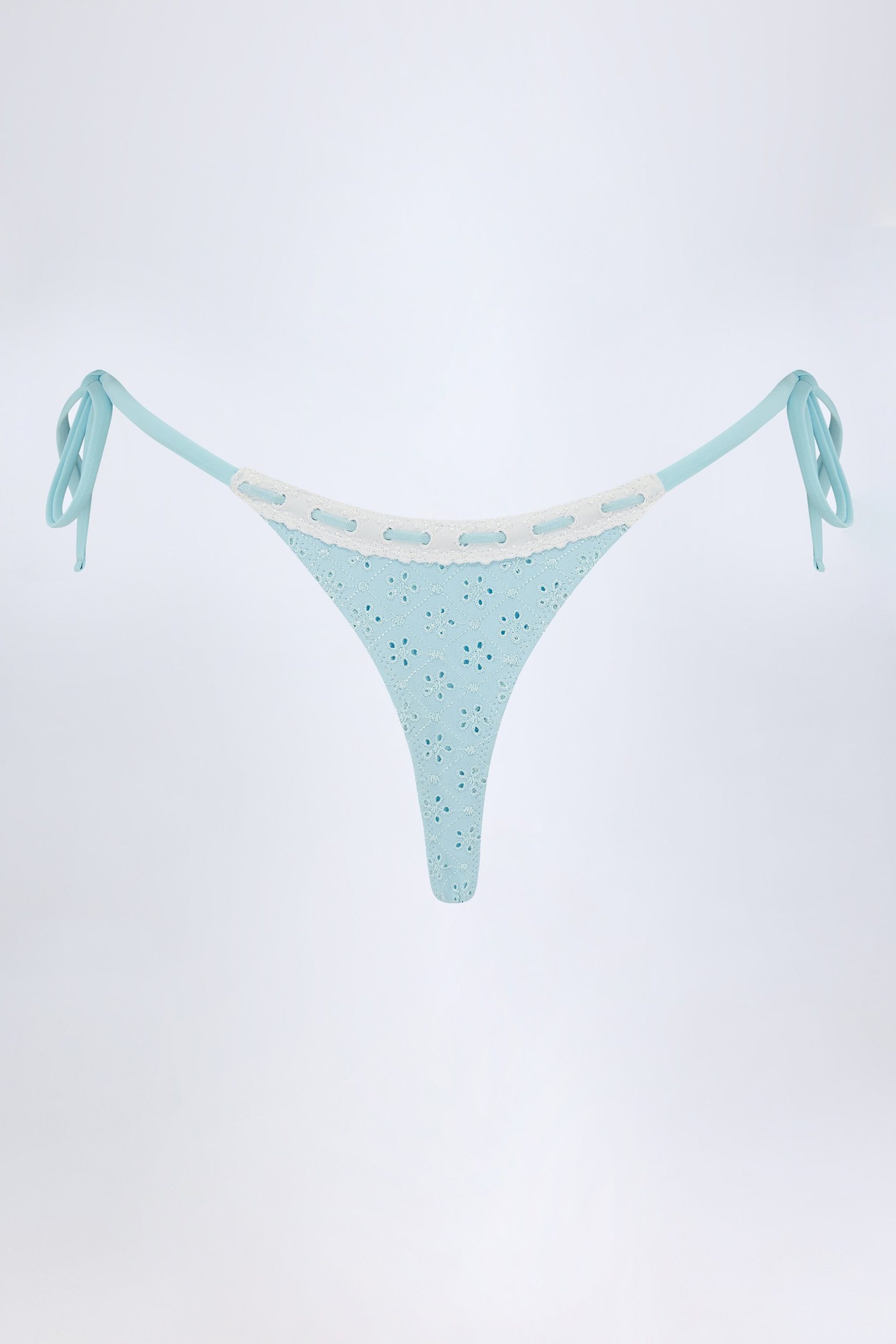 Broderie Anglaise Side-Tie Thong Bikini Bottoms in Powder Blue - Image 3