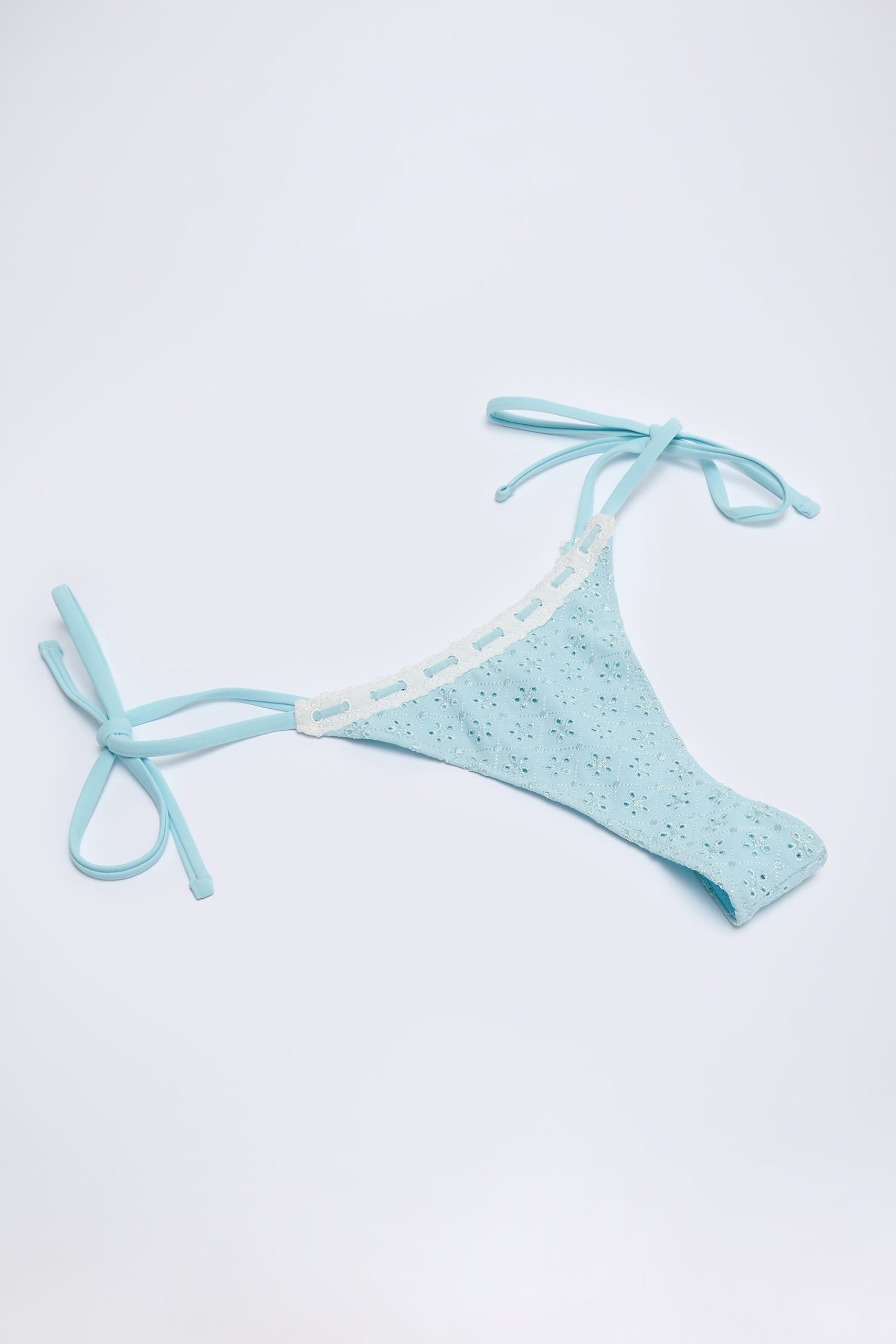 Broderie Anglaise Side-Tie Thong Bikini Bottoms in Powder Blue - Image 4