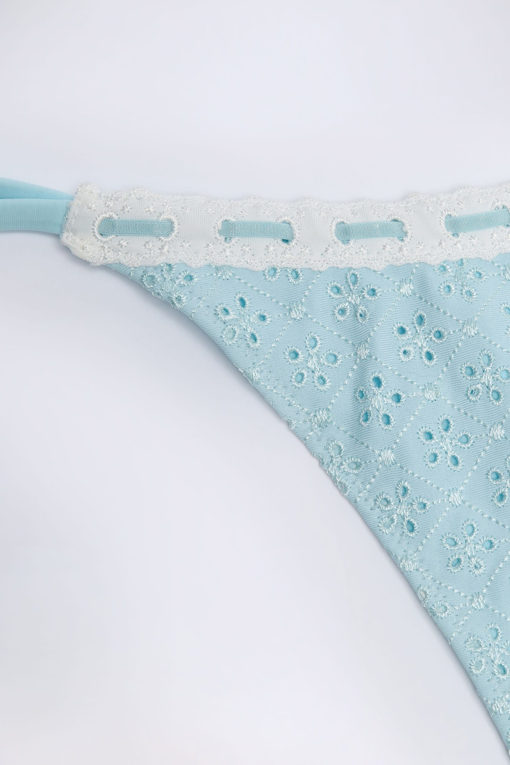 Broderie Anglaise Side-Tie Thong Bikini Bottoms in Powder Blue - Image 5