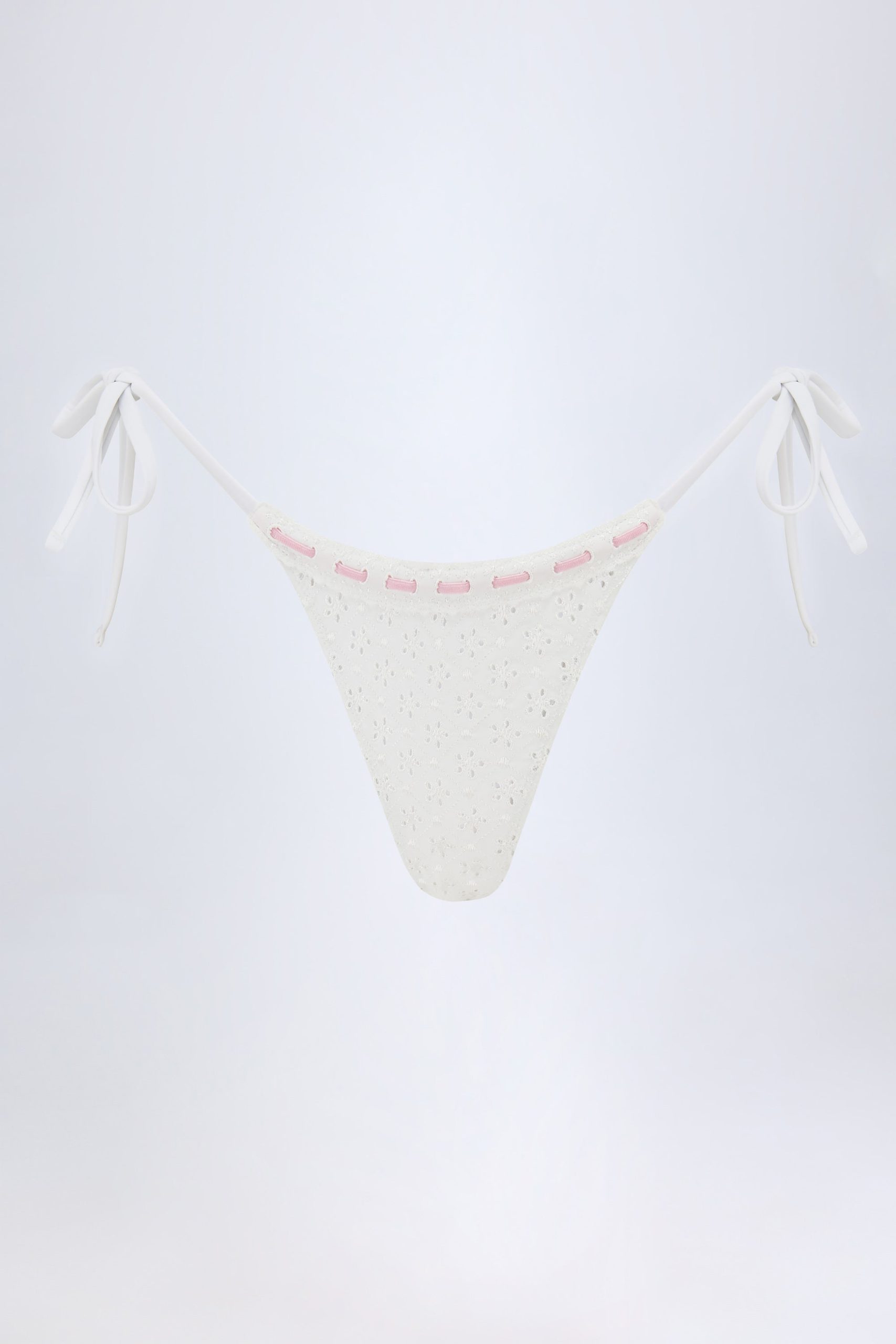 Broderie Anglaise Side-Tie Thong Bikini Bottoms in White - Image 2